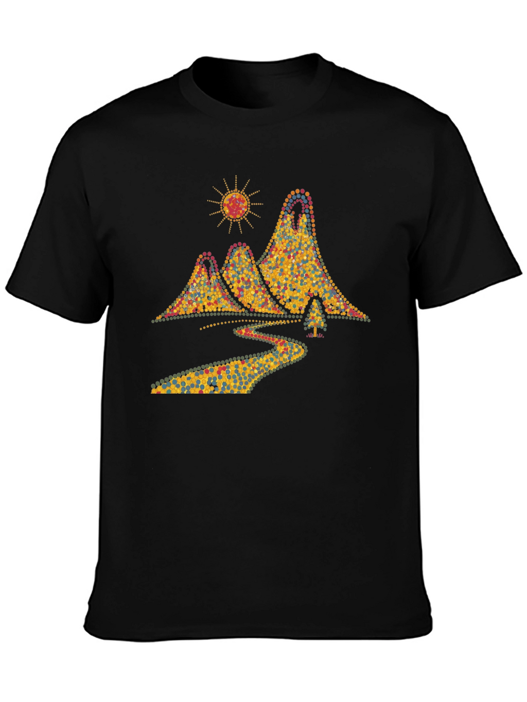 Scenic Mountain Dot Art Mens Black T-Shirt