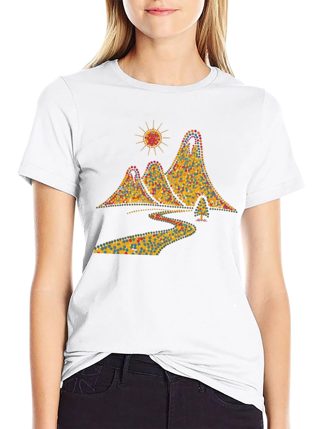 Scenic Mountain Dot Art Mens Black T-Shirt