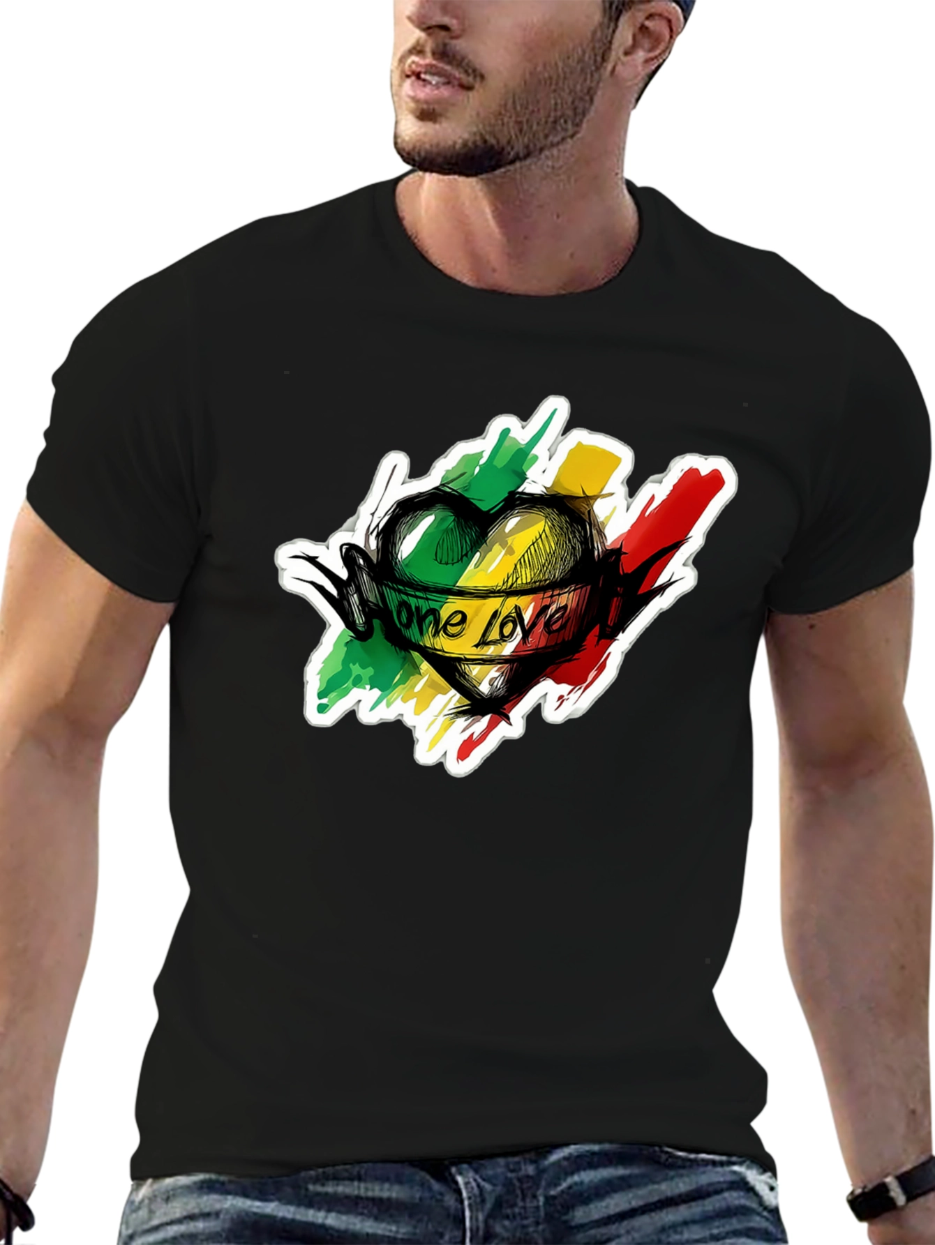 One Love Reggae Heart T-Shirt - Black Cotton Tee