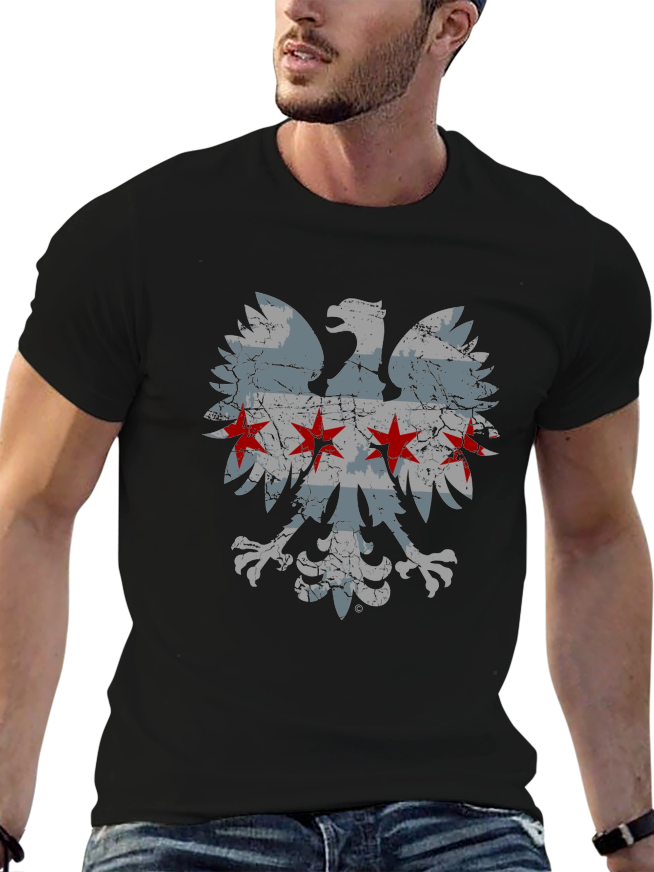 Chicago Flag Eagle Graphic T-Shirt - Distressed Design
