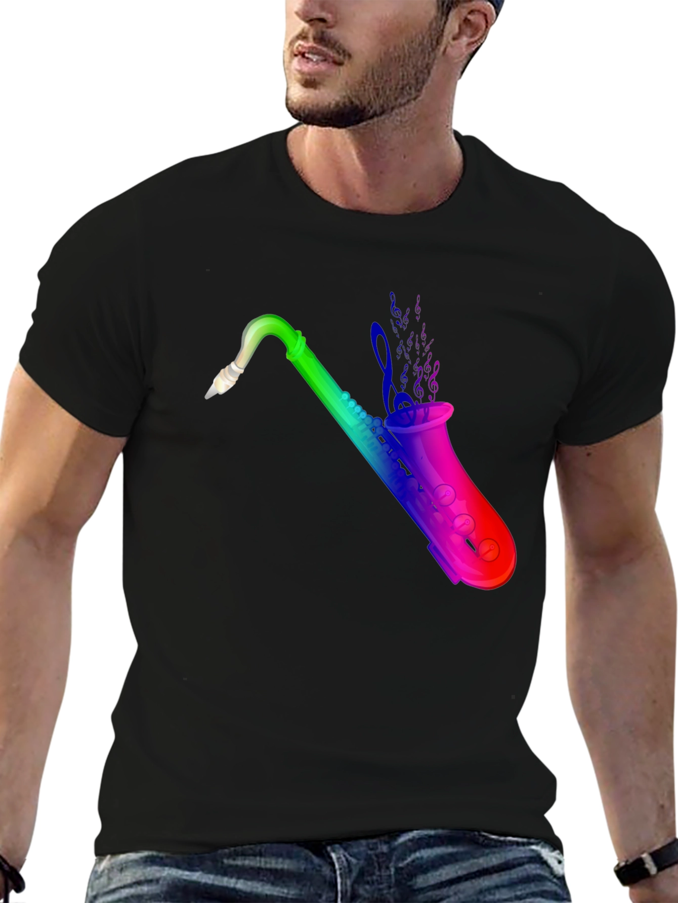 Rainbow Saxophone Graphic Black T-Shirt