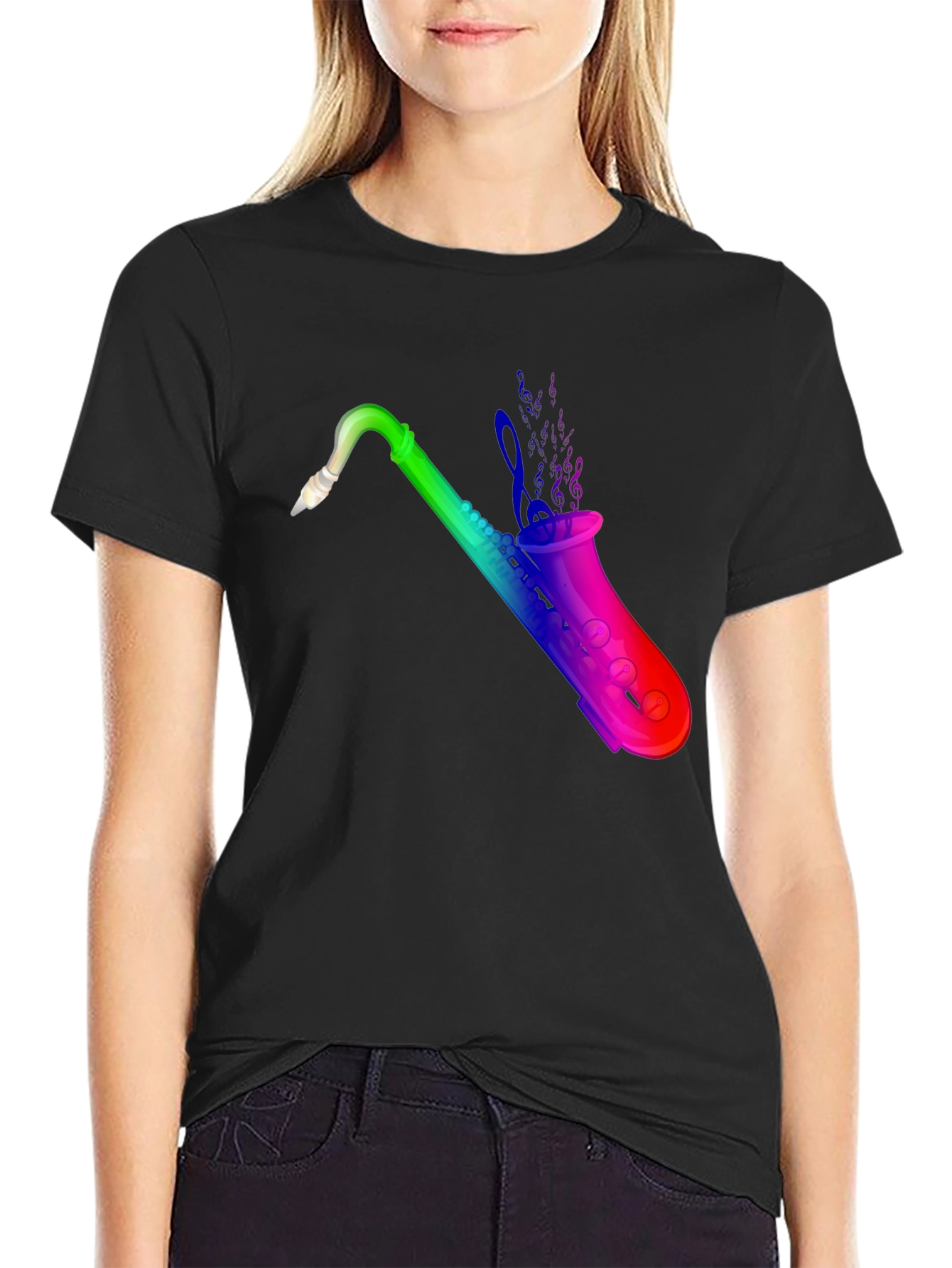 Rainbow Saxophone Graphic Black T-Shirt