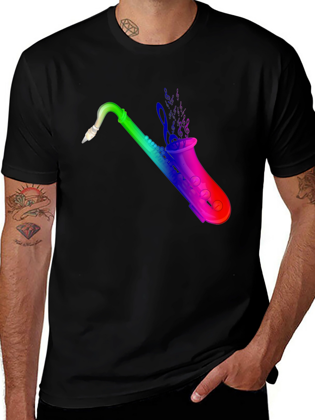 Rainbow Saxophone Graphic Black T-Shirt