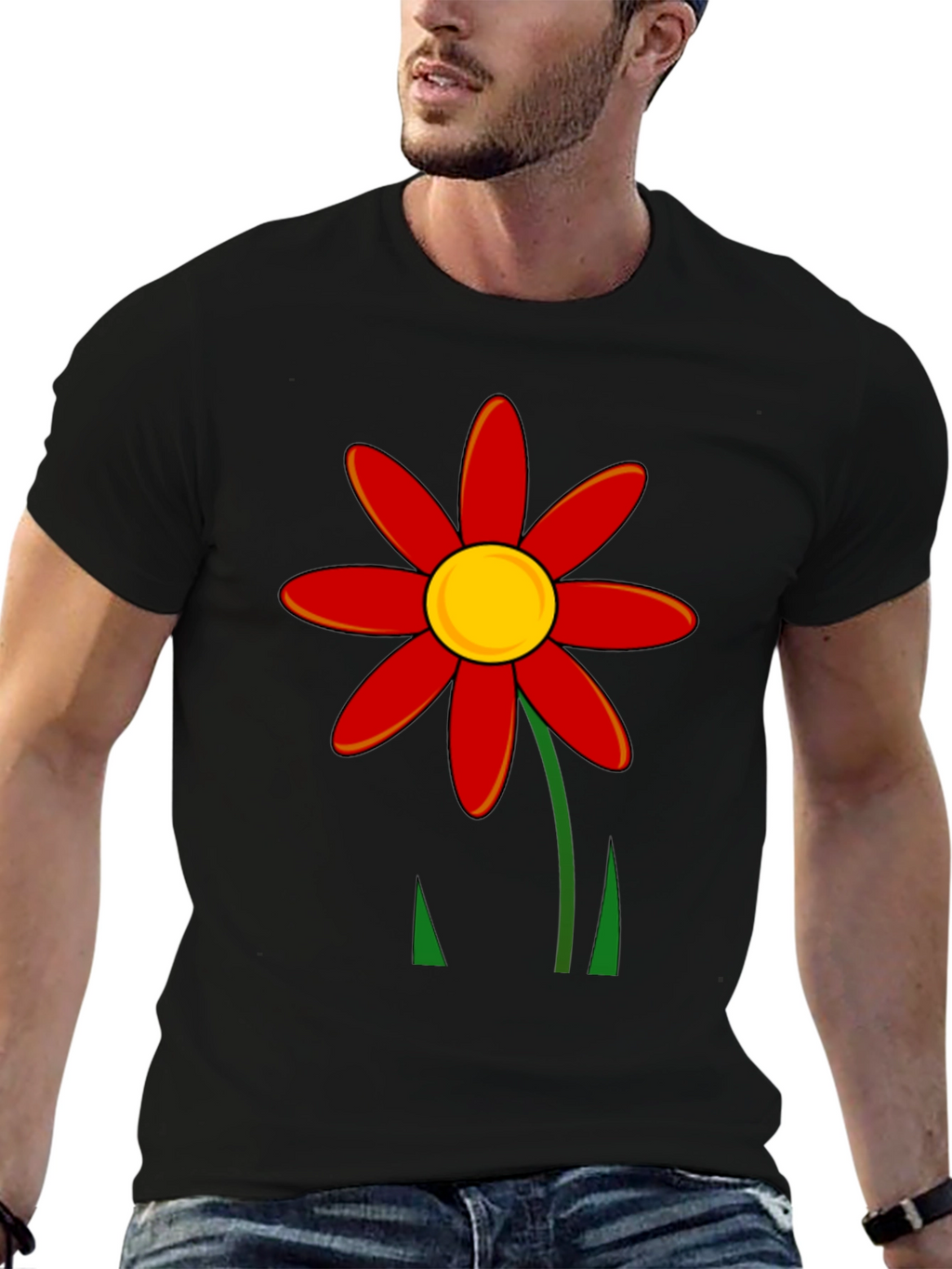 Red Flower Graphic T-Shirt - Black