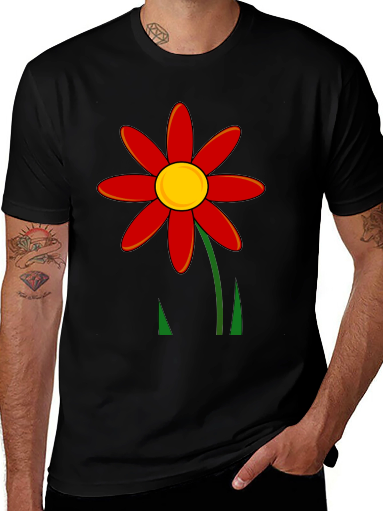 Red Flower Graphic T-Shirt - Black