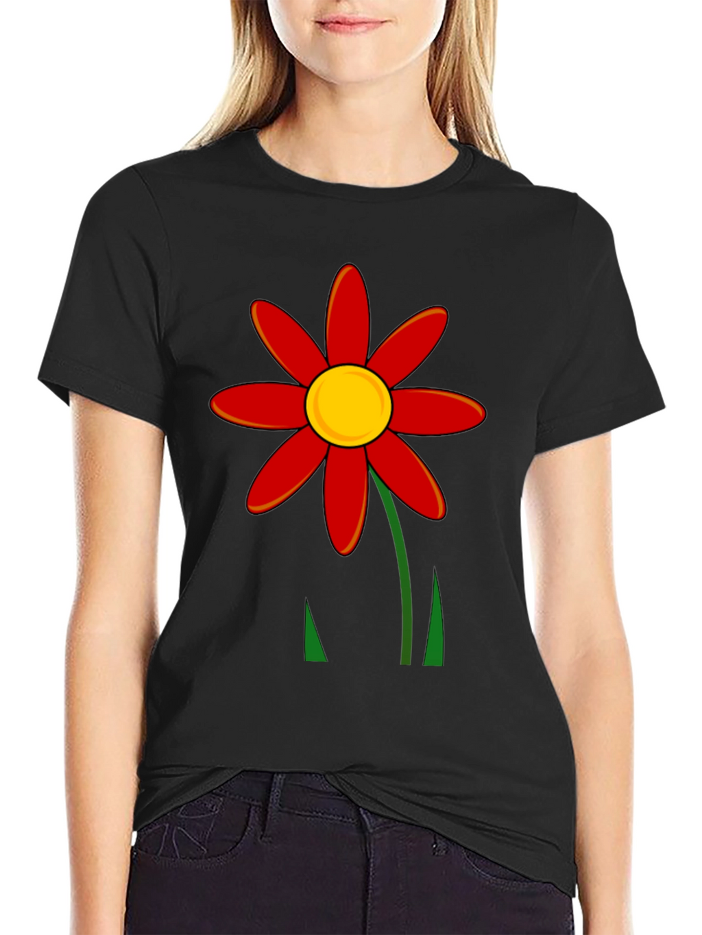 Red Flower Graphic T-Shirt - Black