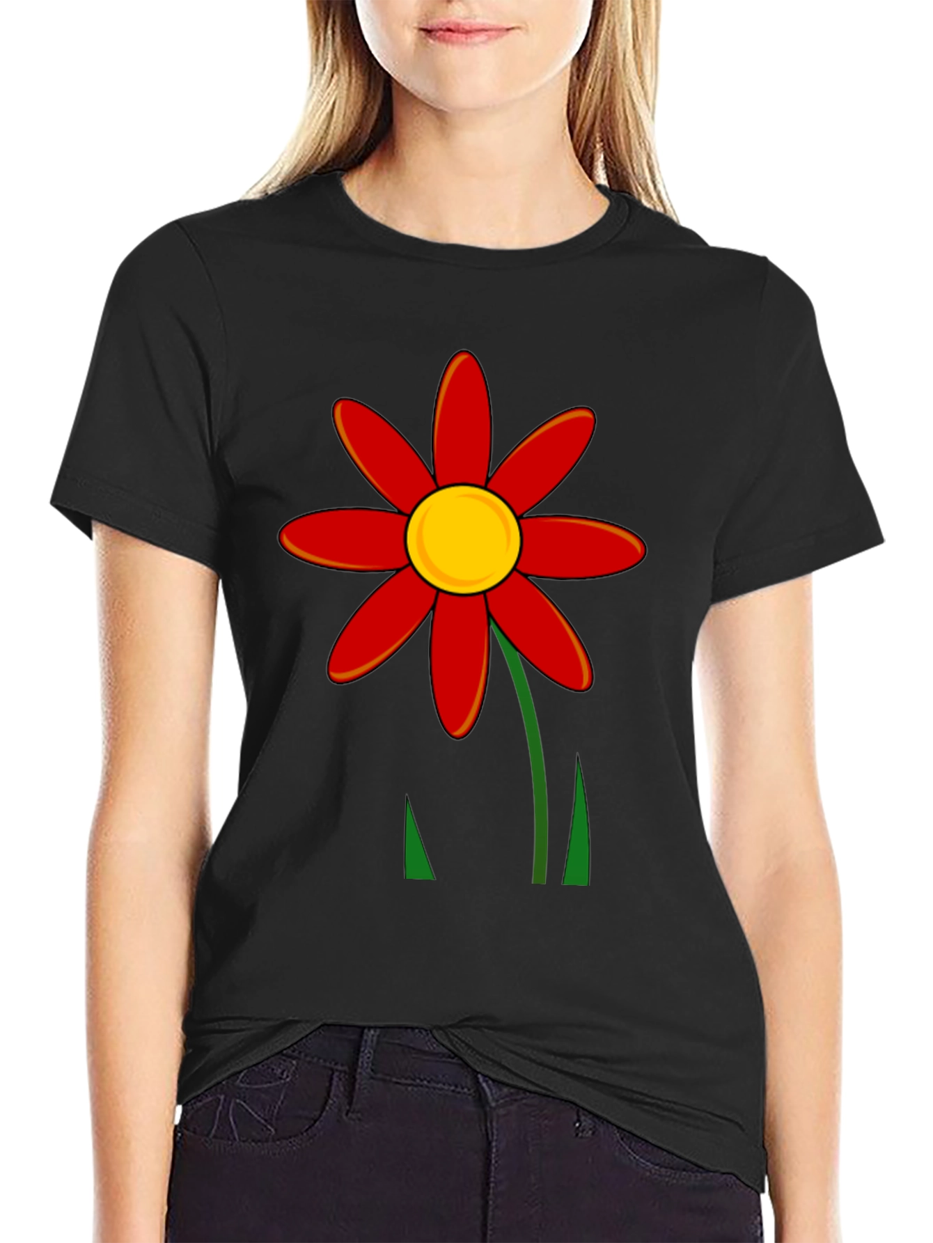 Red Flower Graphic T-Shirt - Black