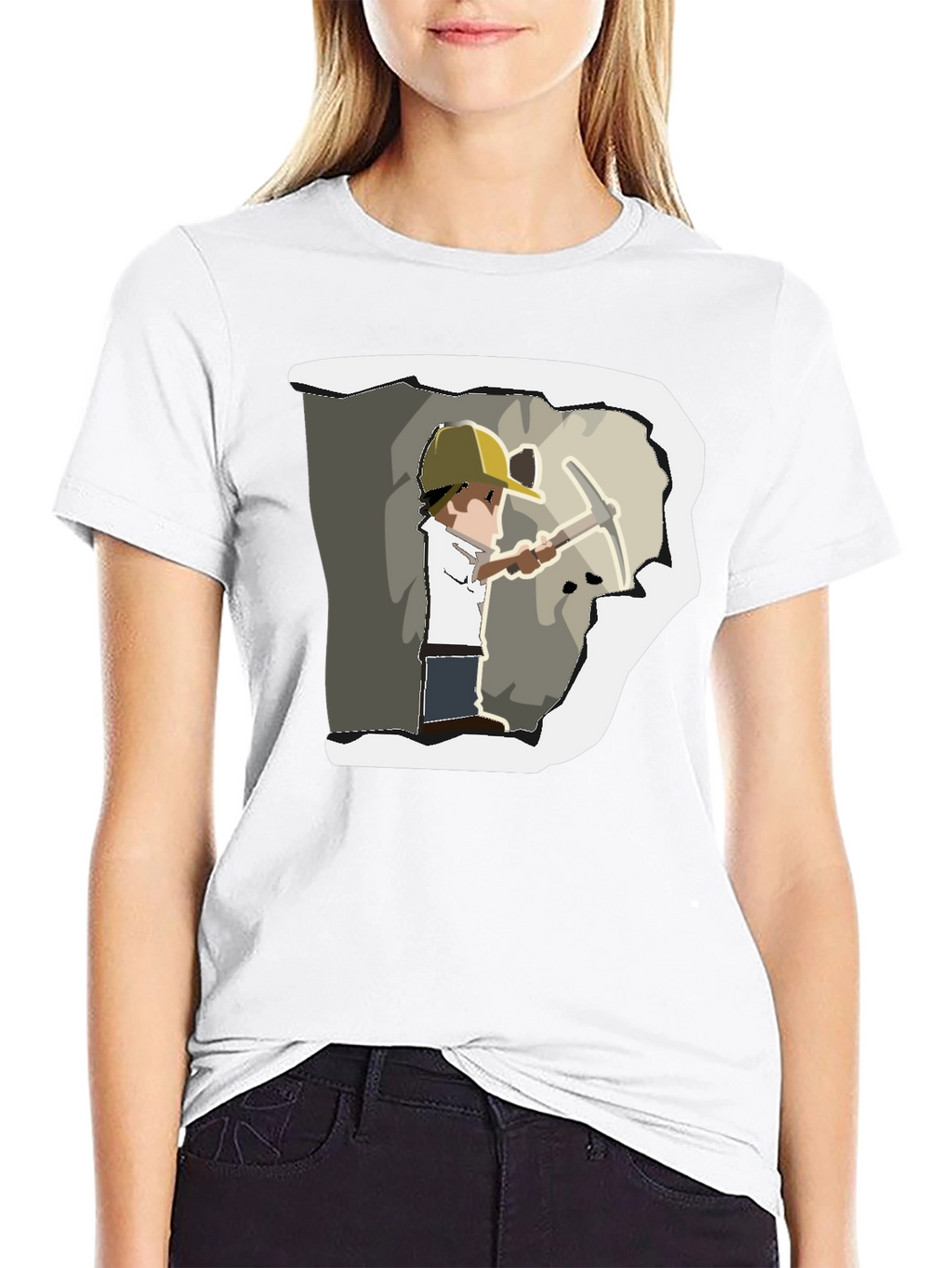 Miner Cartoon Graphic Print Black T-Shirt