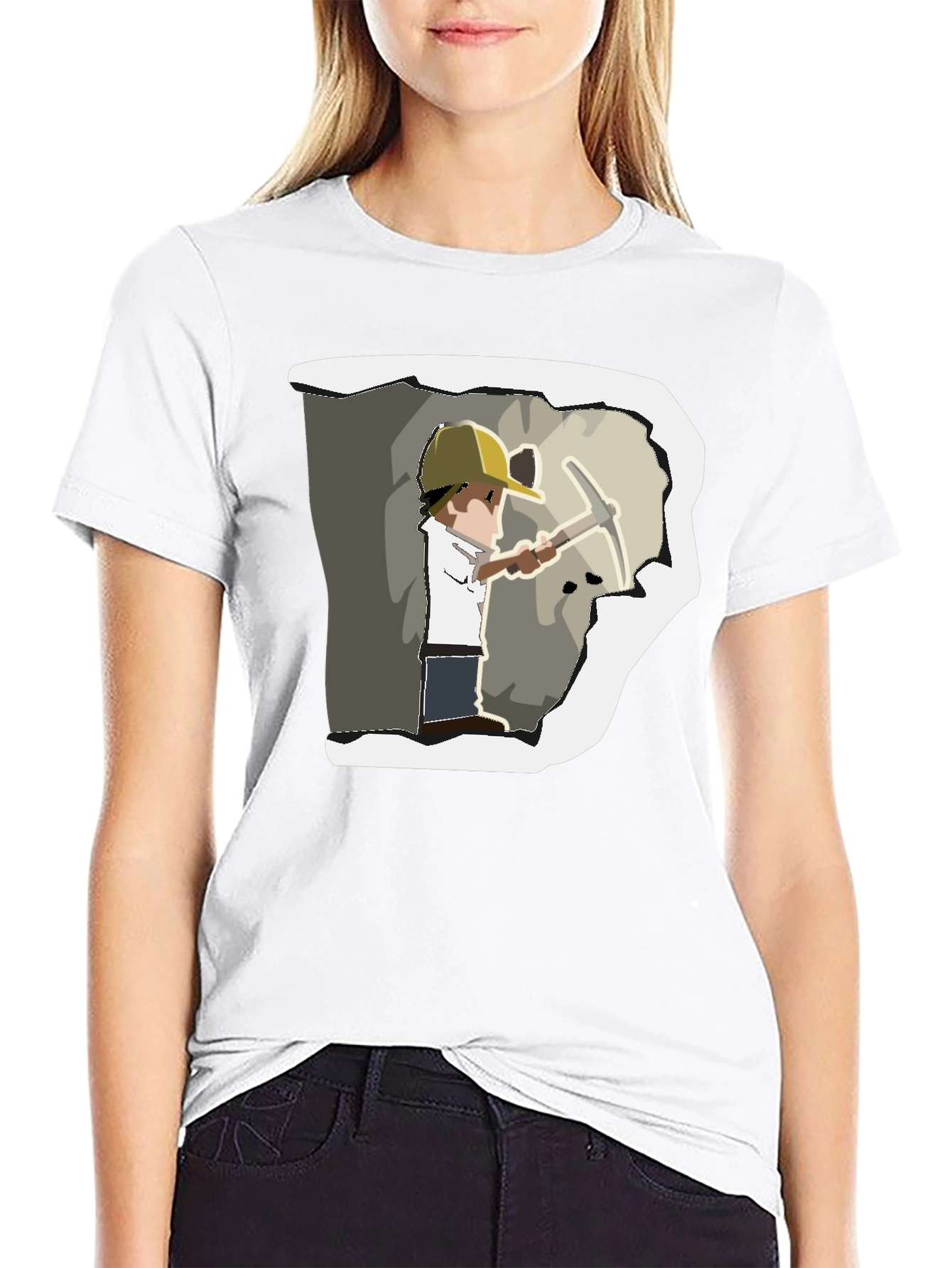 Miner Cartoon Graphic Print Black T-Shirt