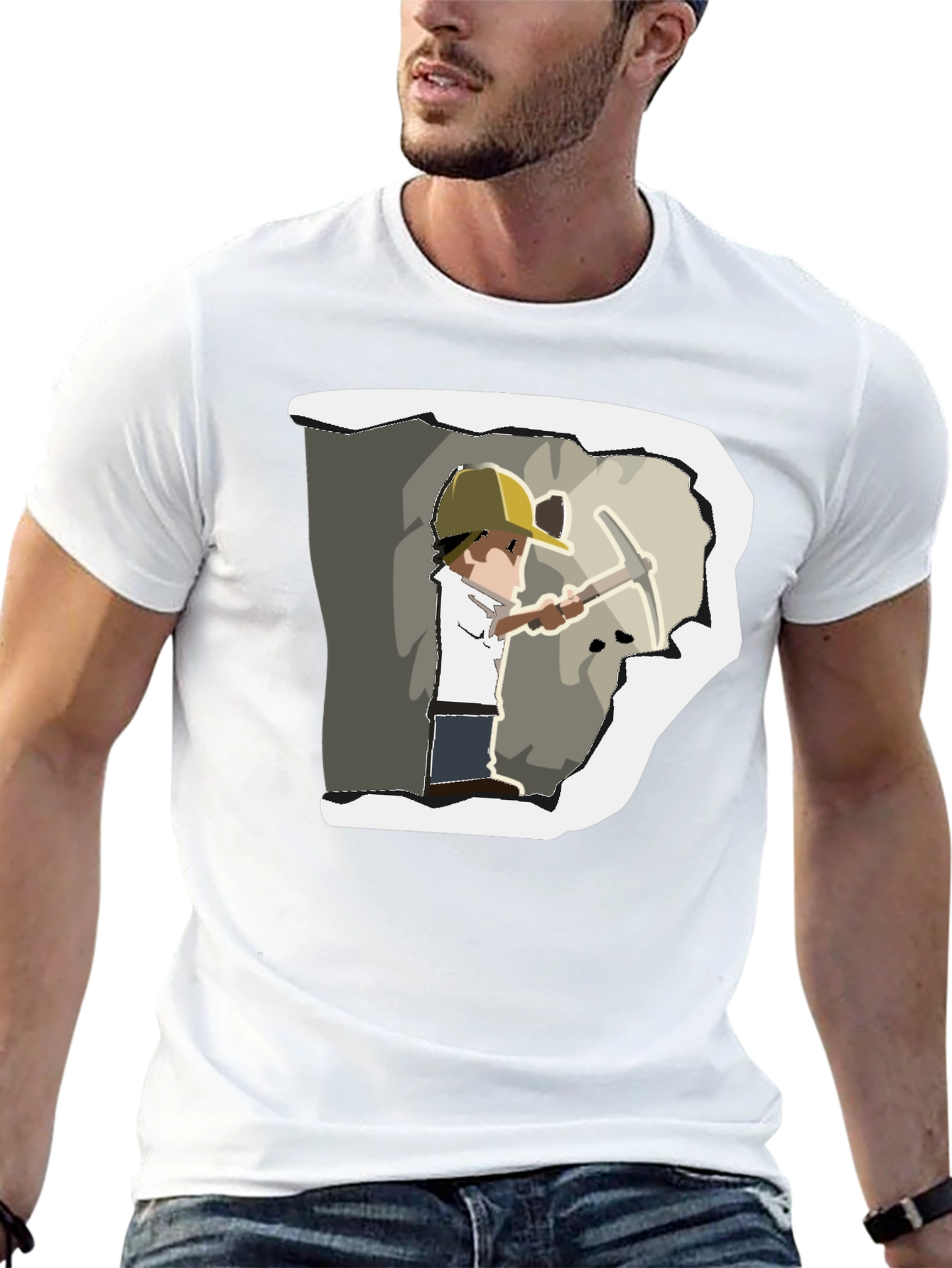 Miner Cartoon Graphic Print Black T-Shirt