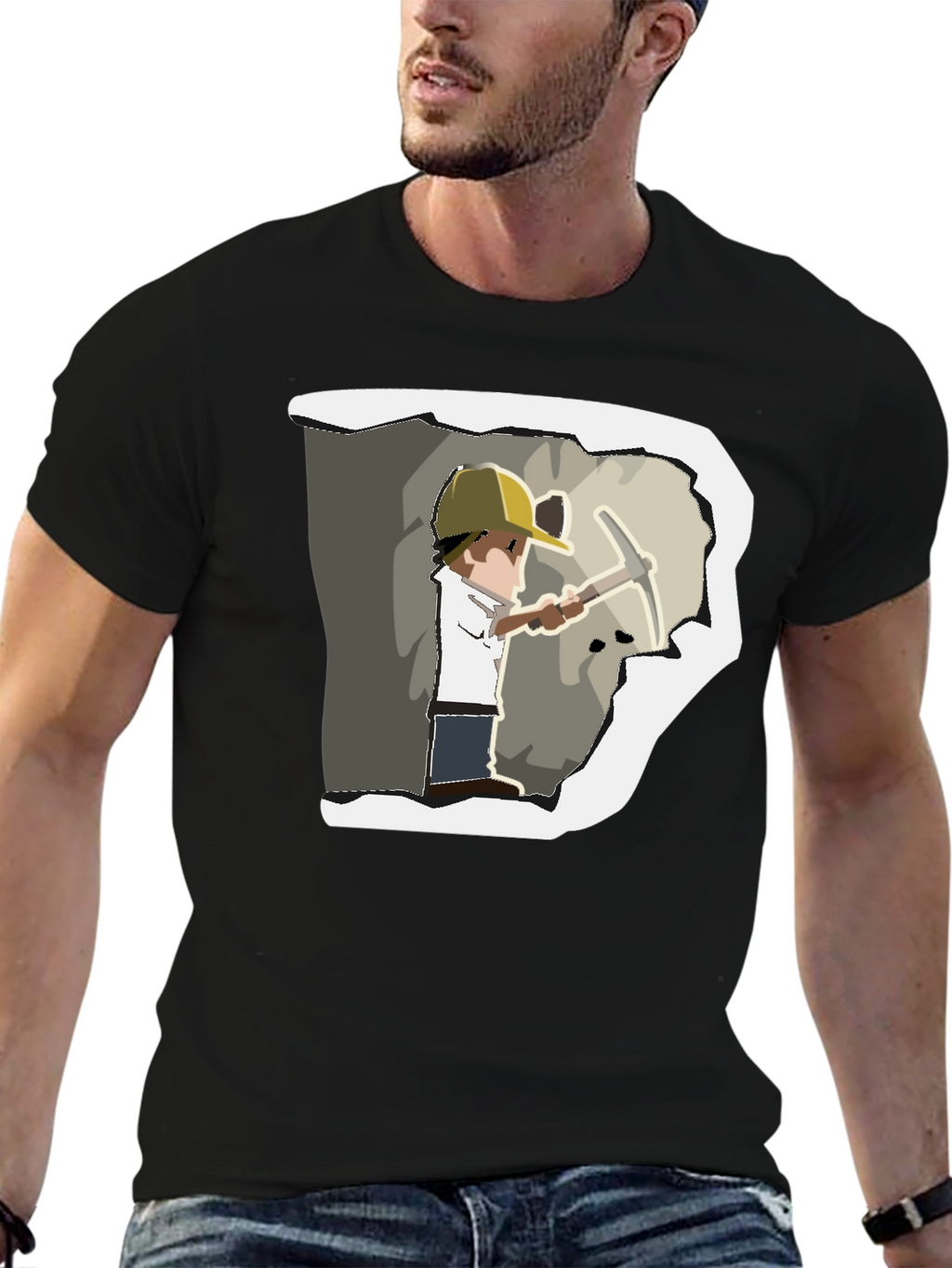 Miner Cartoon Graphic Print Black T-Shirt