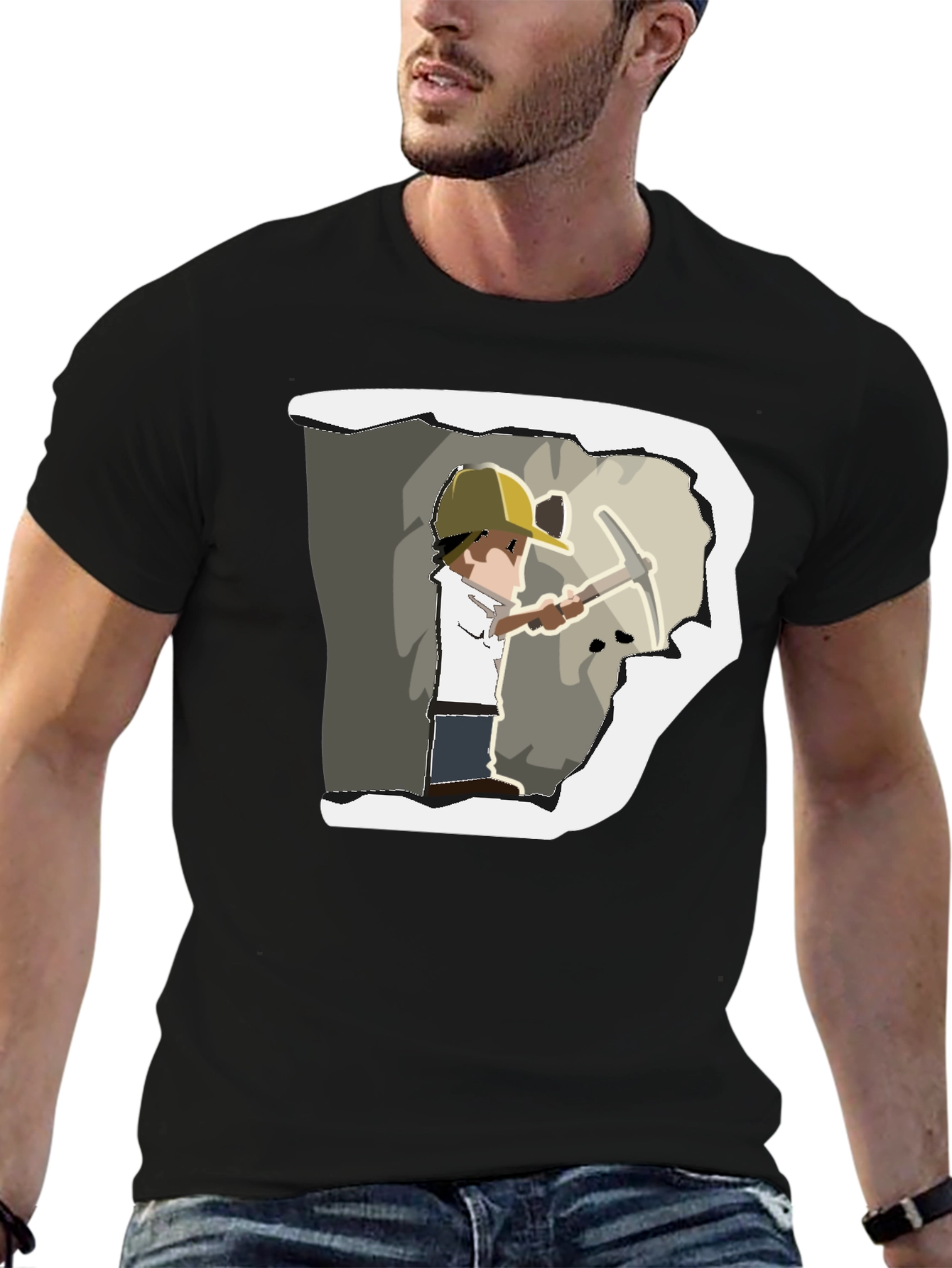 Miner Cartoon Graphic Print Black T-Shirt