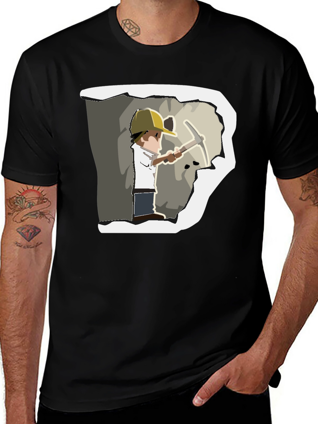 Miner Cartoon Graphic Print Black T-Shirt