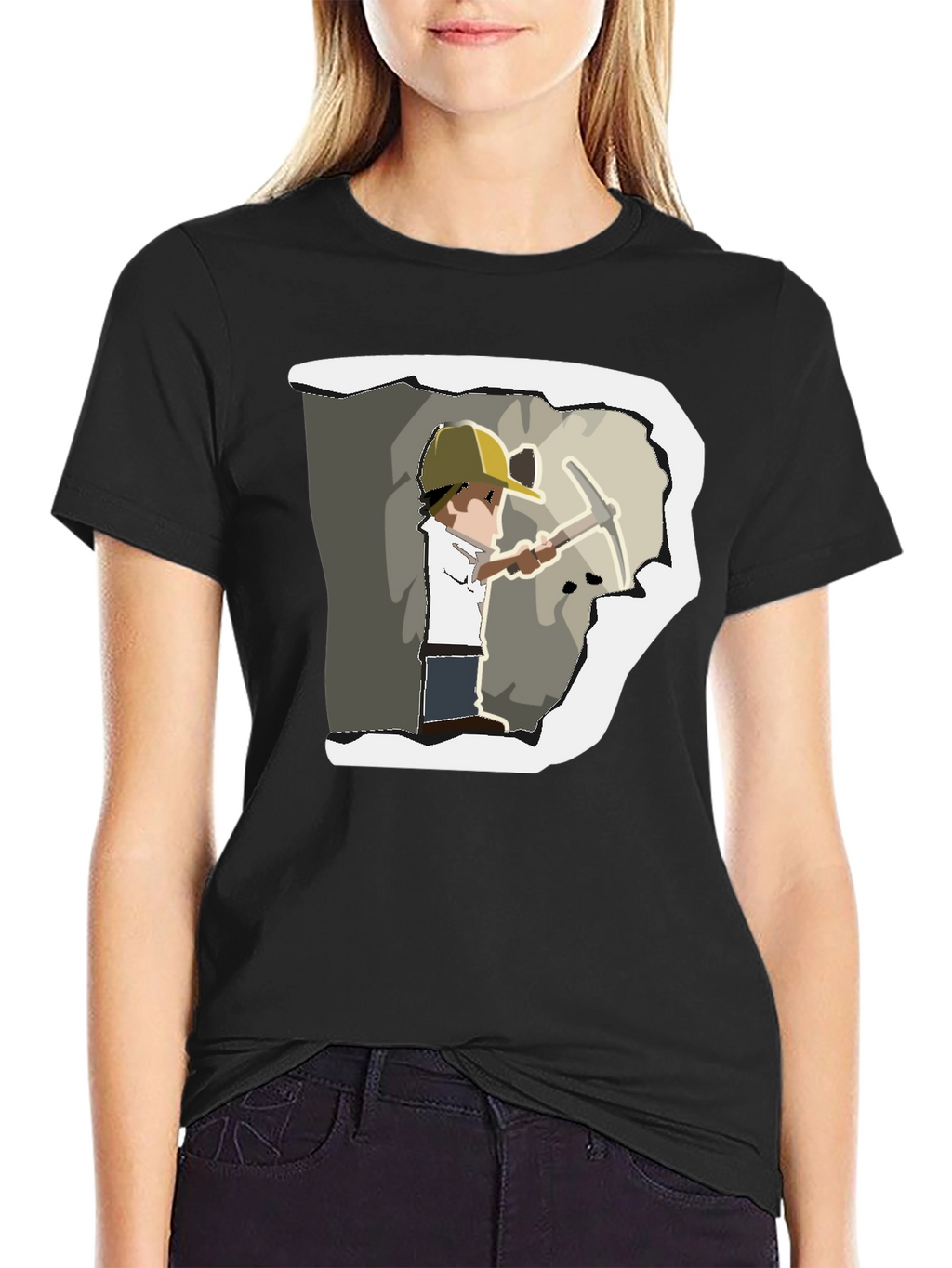 Miner Cartoon Graphic Print Black T-Shirt