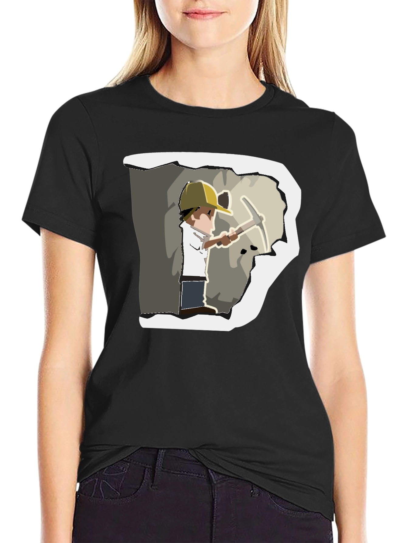 Miner Cartoon Graphic Print Black T-Shirt
