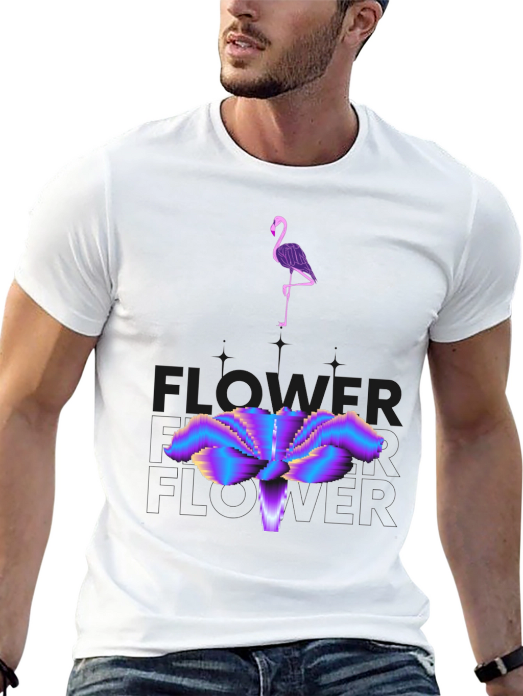 Abstract Flamingo & Flower Graphic Tee - Black