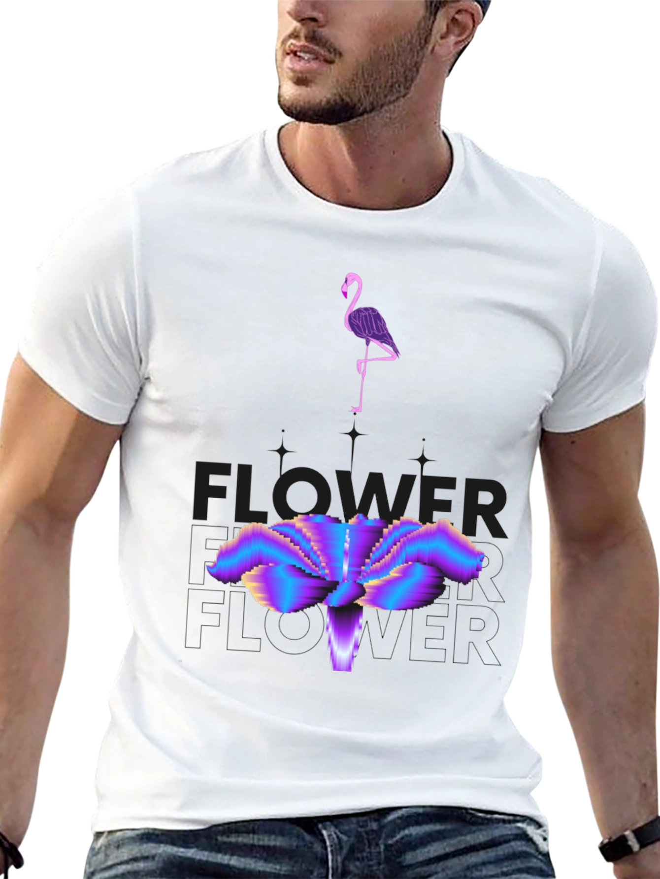 Abstract Flamingo & Flower Graphic Tee - Black