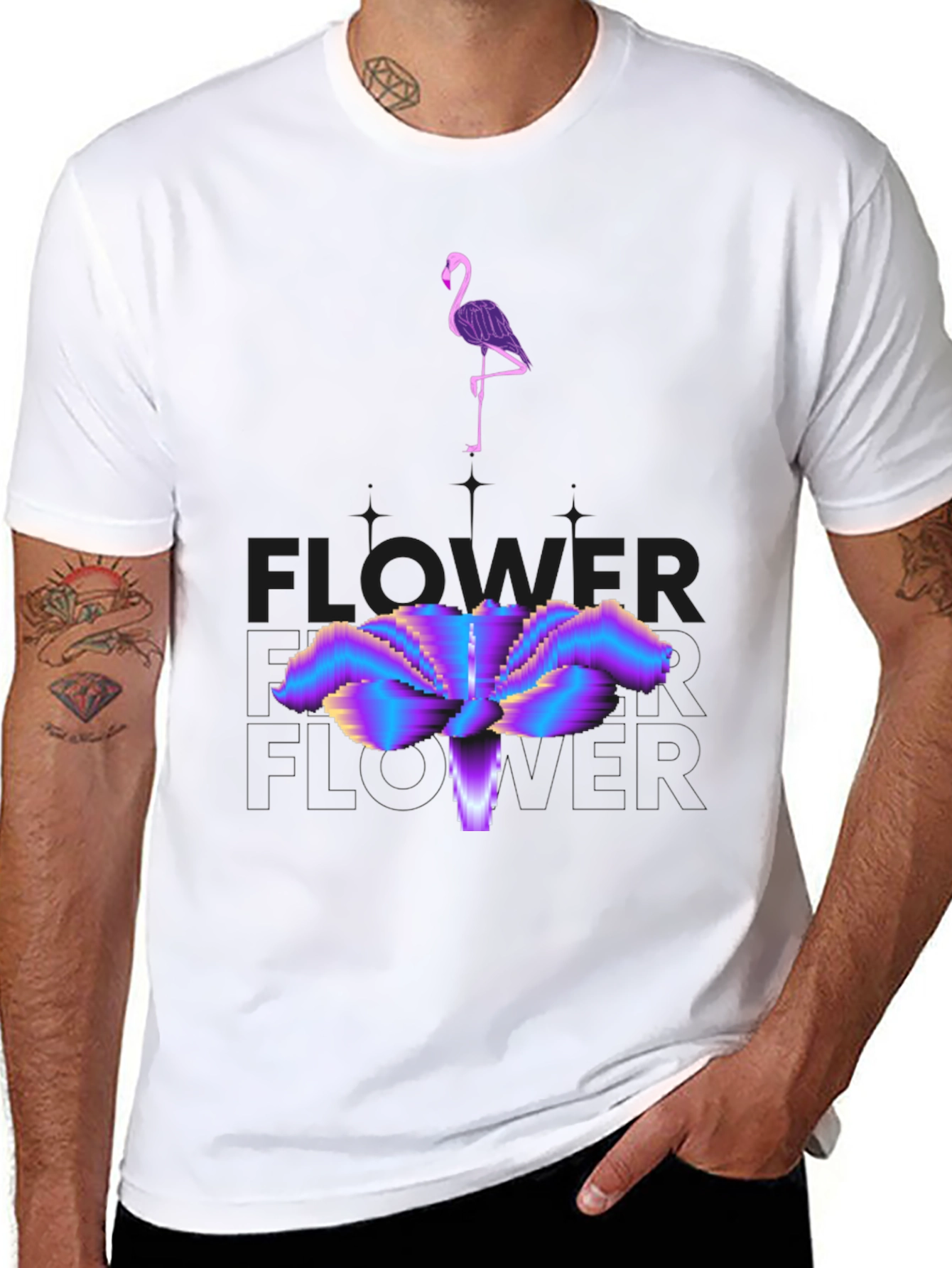 Abstract Flamingo & Flower Graphic Tee - Black