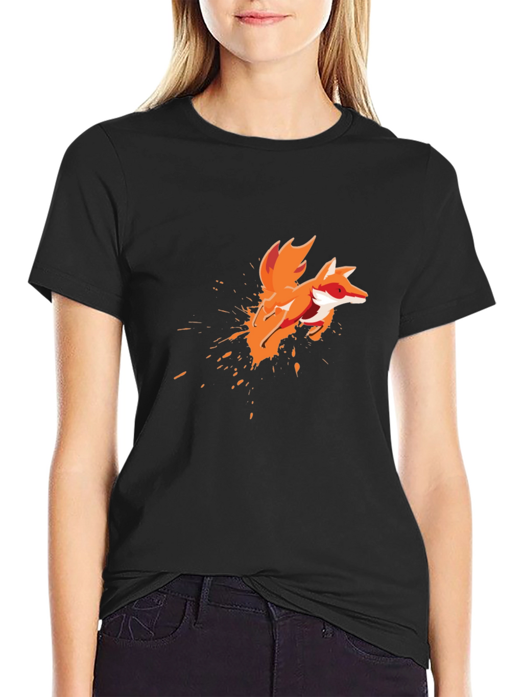Mens Black T-Shirt with Artistic Fox Graphic