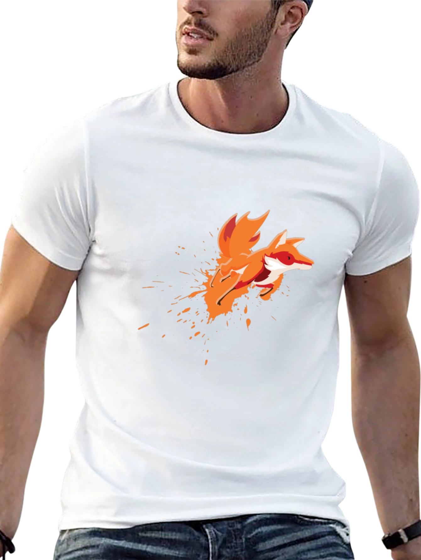 Mens Black T-Shirt with Artistic Fox Graphic