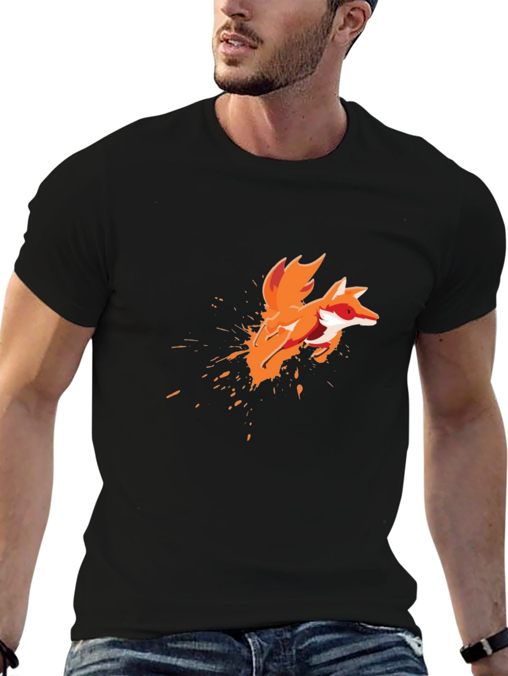 Mens Black T-Shirt with Artistic Fox Graphic