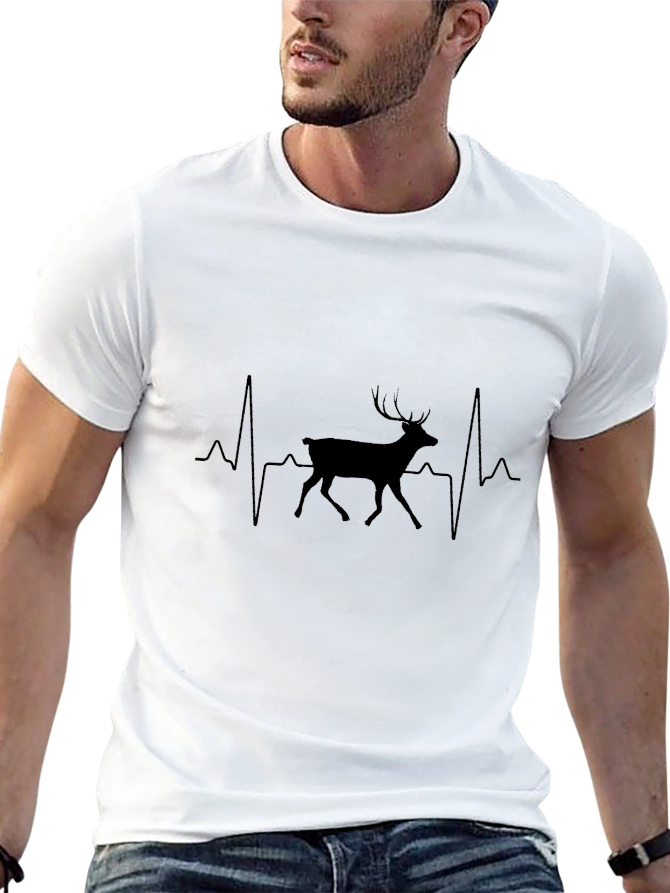 Heartbeat Deer Graphic Tee - Black Cotton T-Shirt
