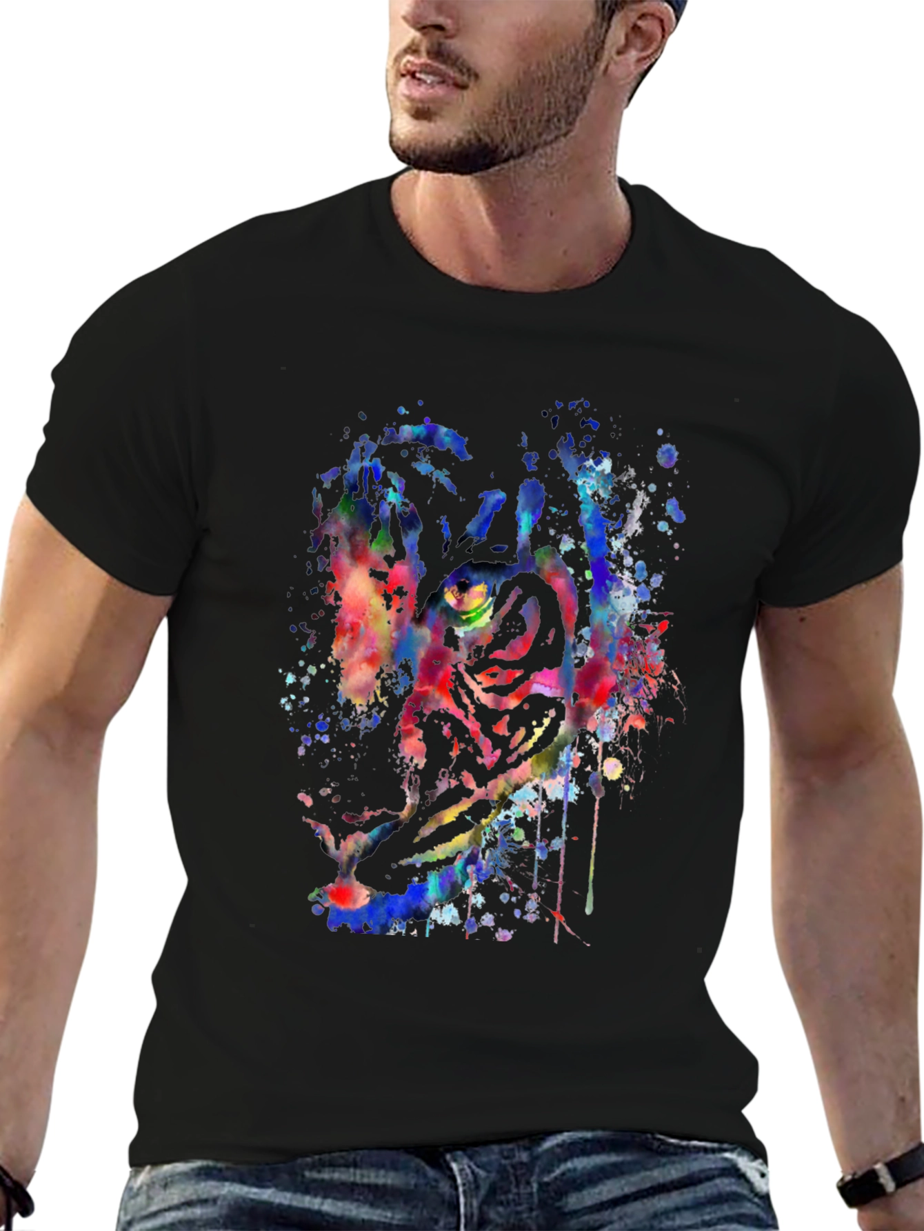 Colorful Tiger Splash Graphic Black T-Shirt