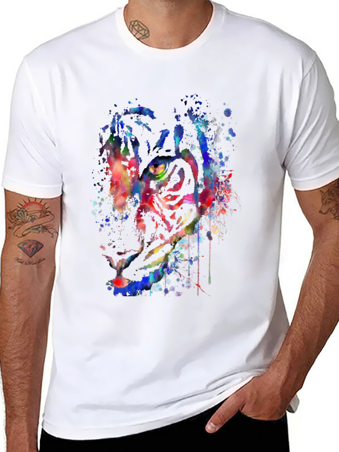 Colorful Tiger Splash Graphic Black T-Shirt
