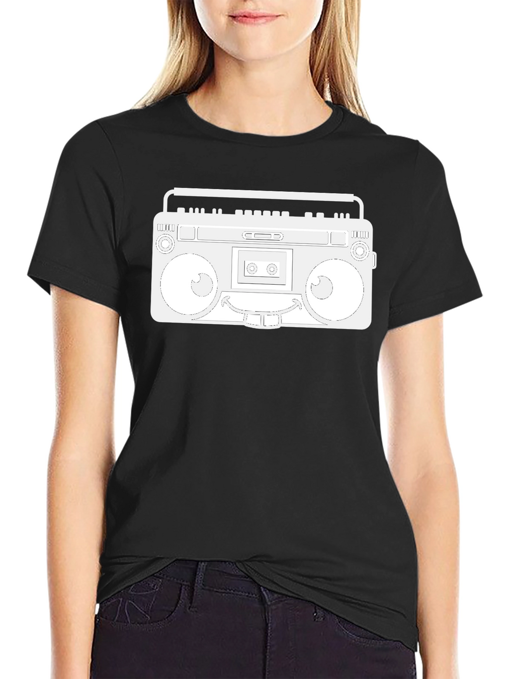 Retro Boombox Graphic Tee - Black Cotton Casual Wear
