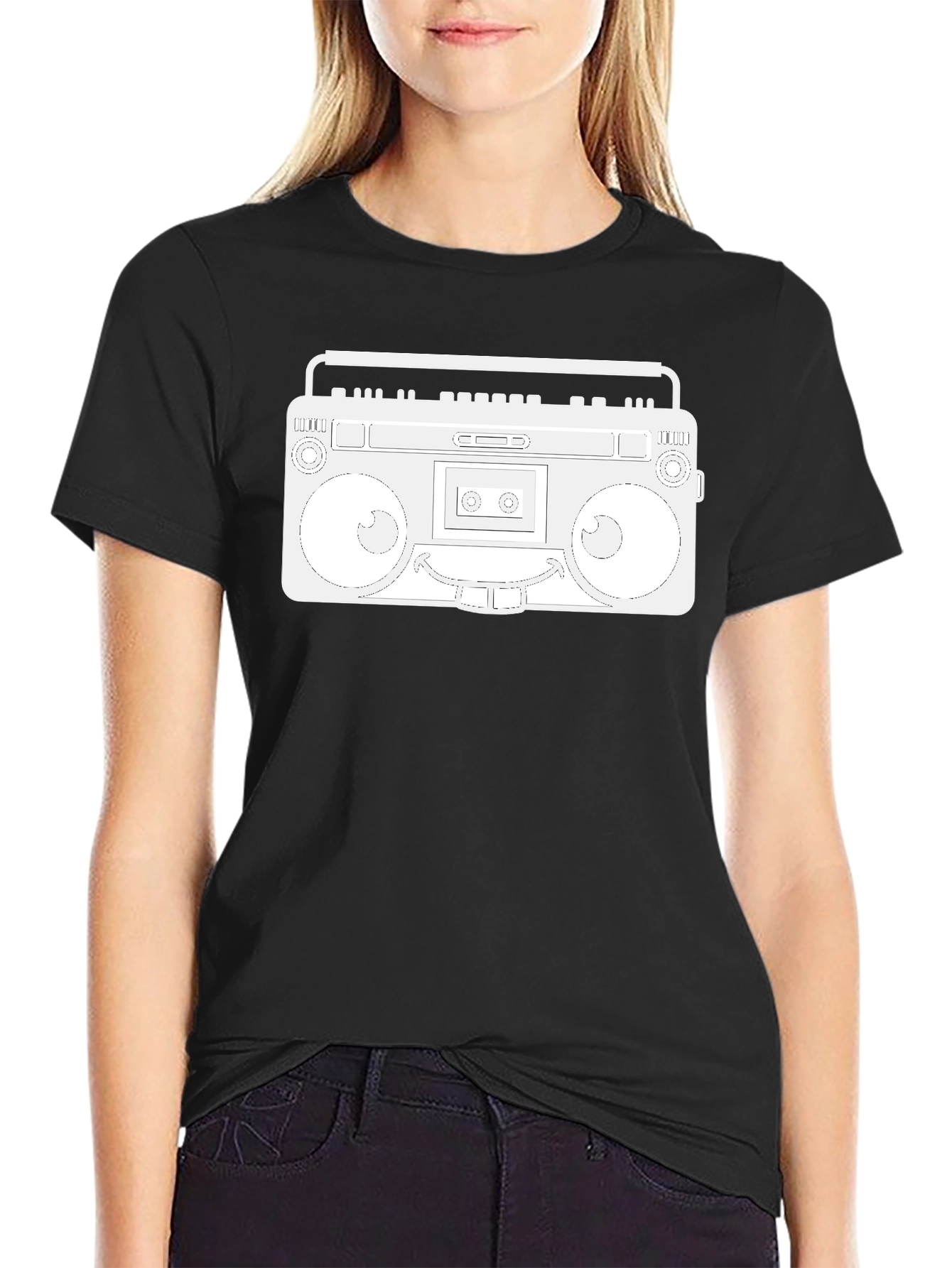 Retro Boombox Graphic Tee - Black Cotton Casual Wear