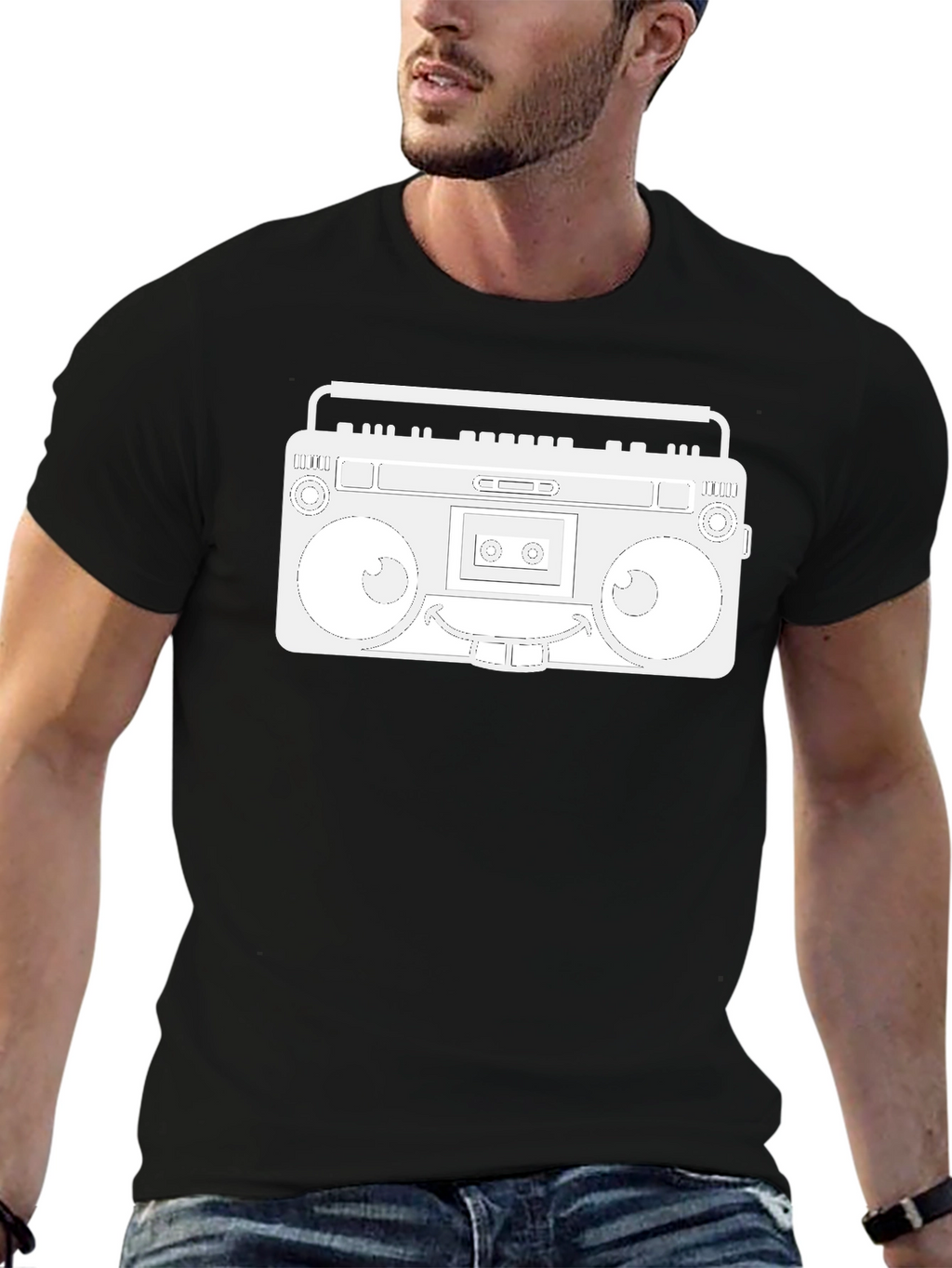 Retro Boombox Graphic Tee - Black Cotton Casual Wear
