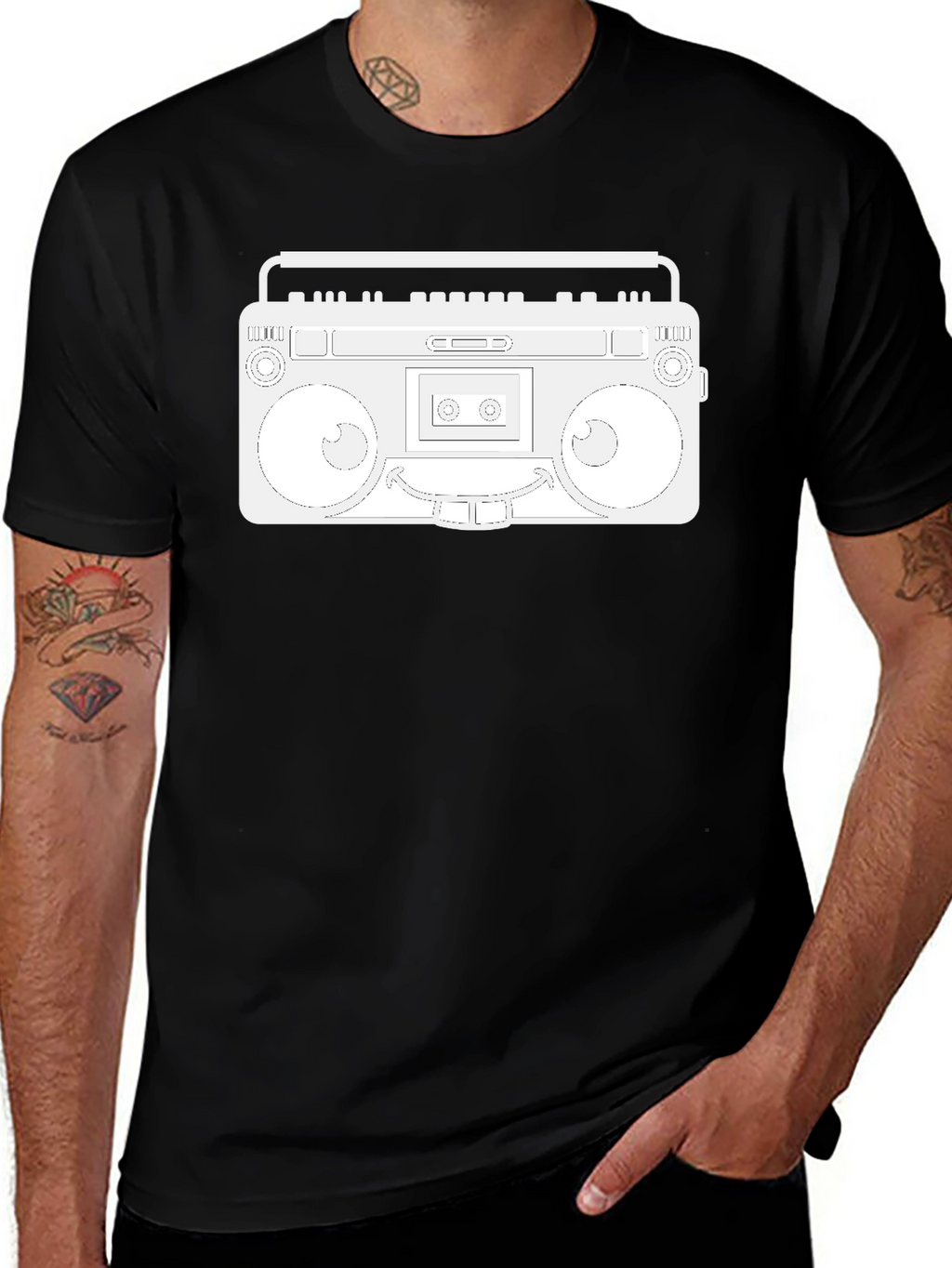 Retro Boombox Graphic Tee - Black Cotton Casual Wear
