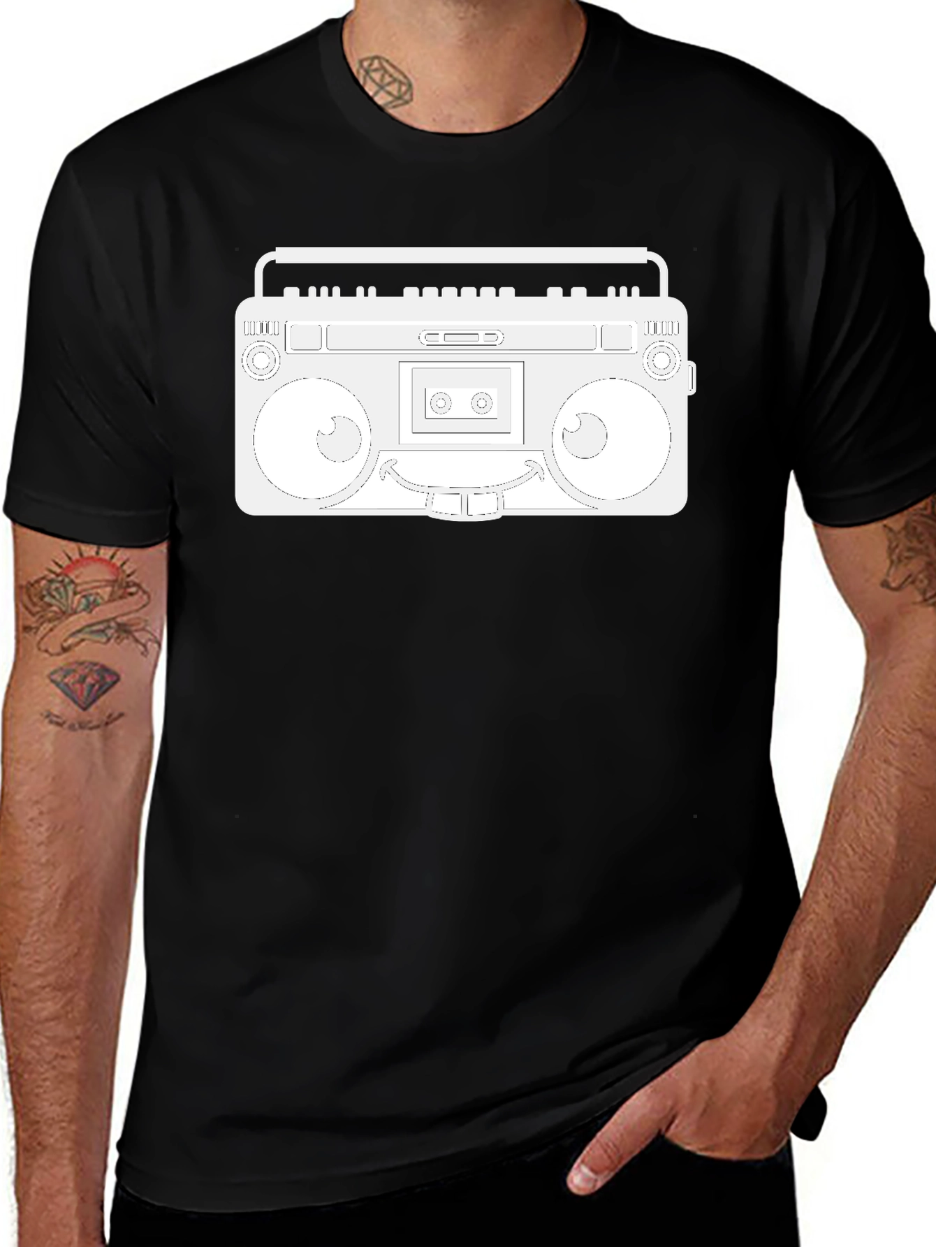 Retro Boombox Graphic Tee - Black Cotton Casual Wear
