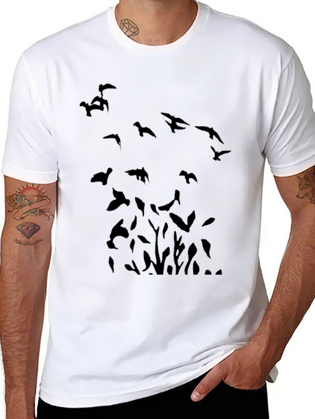 Birds Graphic Print Black Casual T-Shirt