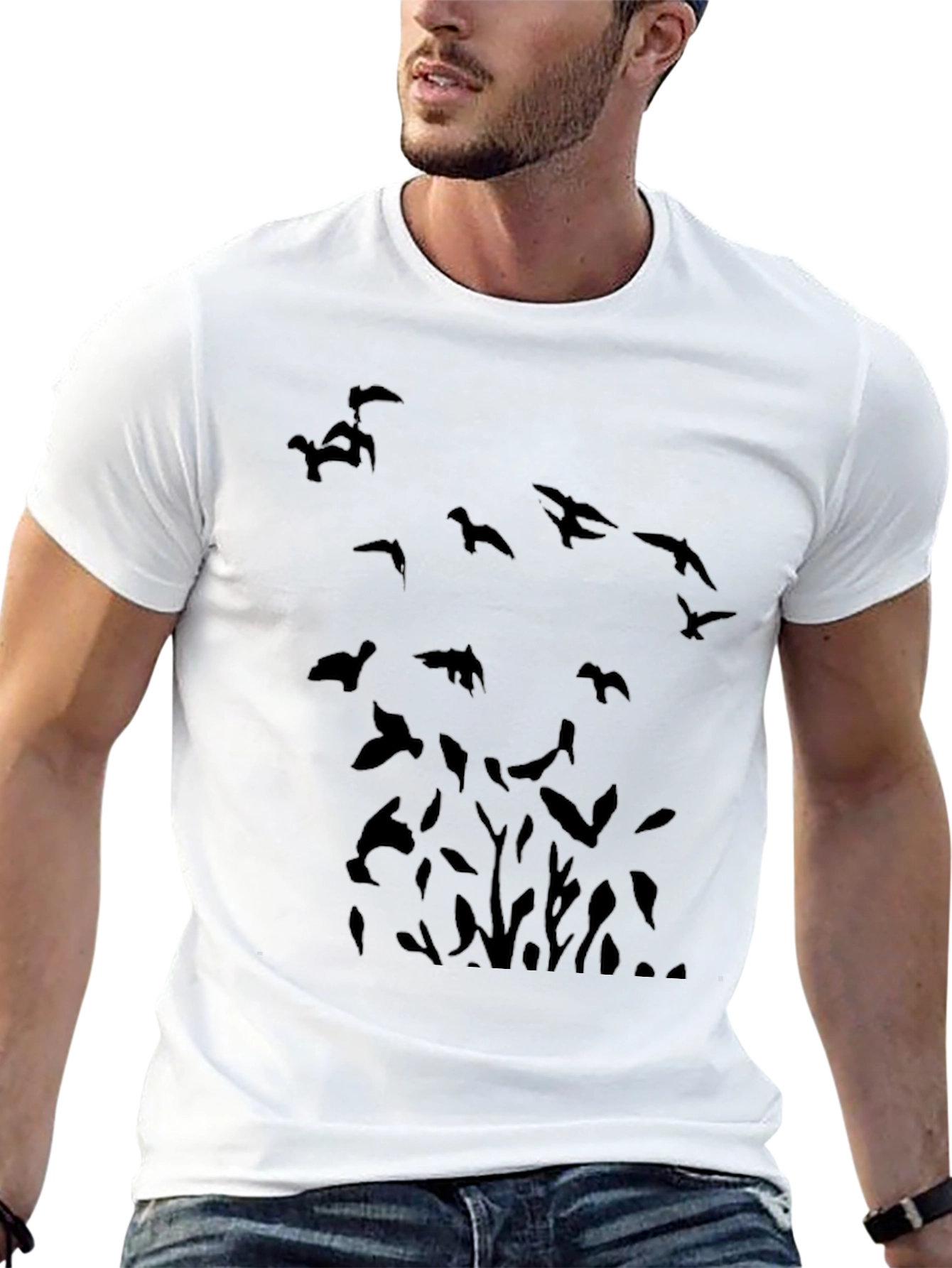 Birds Graphic Print Black Casual T-Shirt