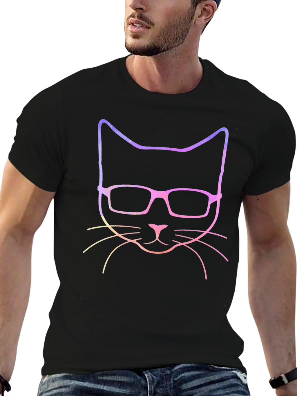 Cool Cat with Glasses Graphic Tee - Black