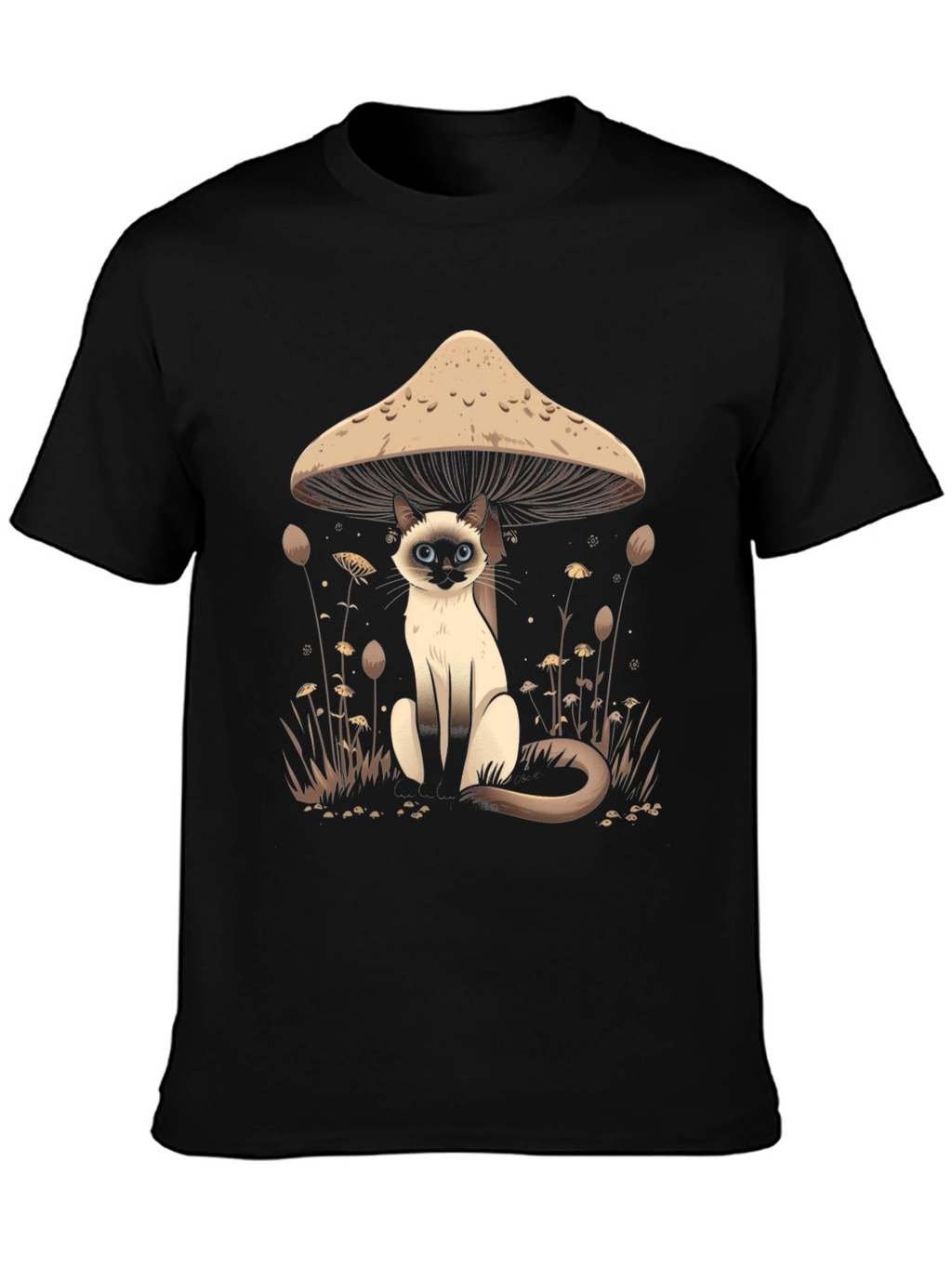 Mushroom Cat Graphic Tee - Black Cotton T-Shirt