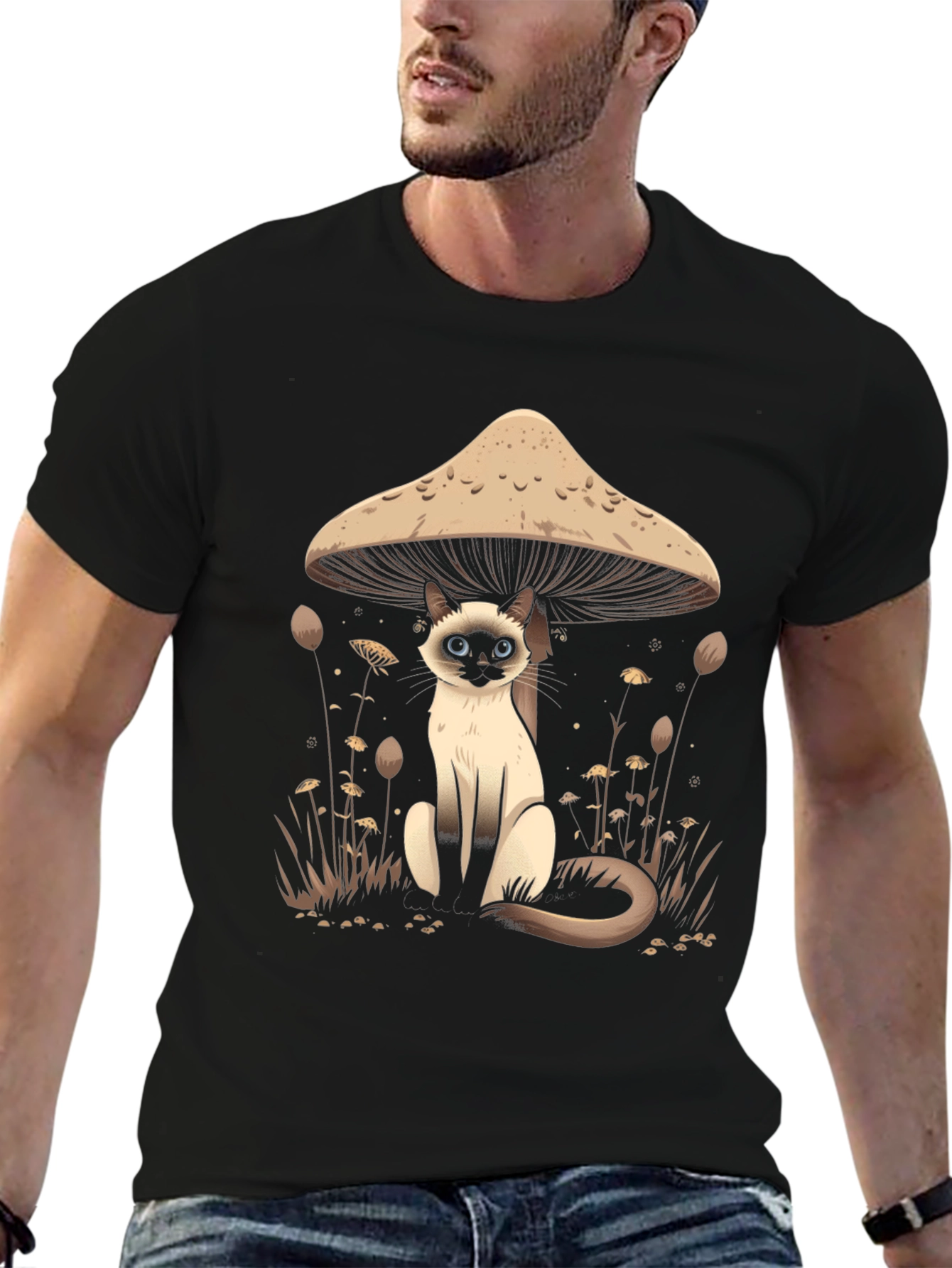 Mushroom Cat Graphic Tee - Black Cotton T-Shirt