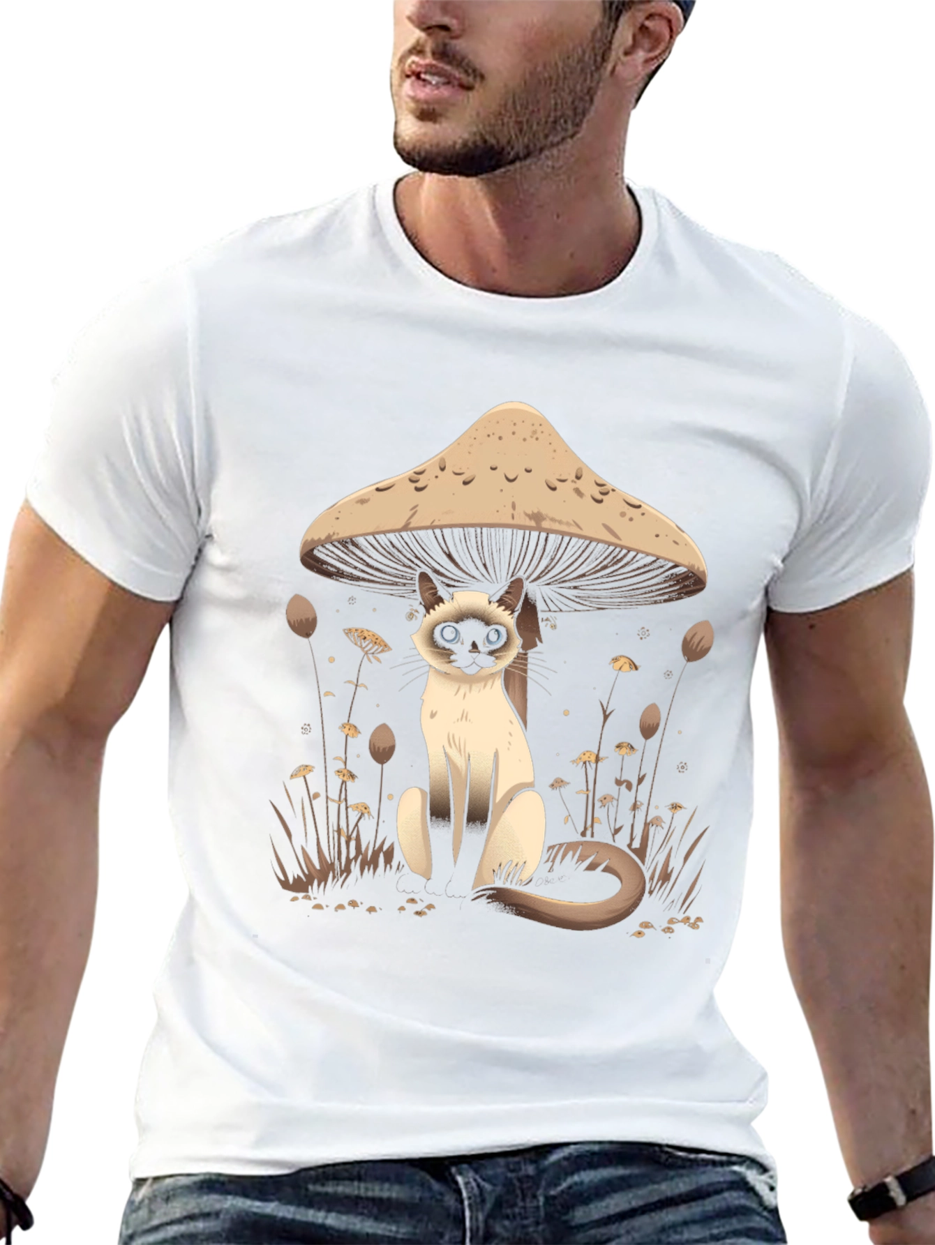 Mushroom Cat Graphic Tee - Black Cotton T-Shirt