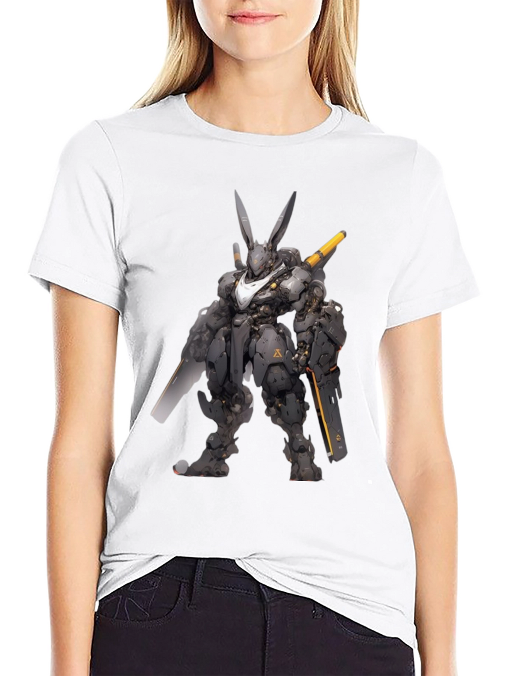 Robot Rabbit Graphic Print Black T-Shirt