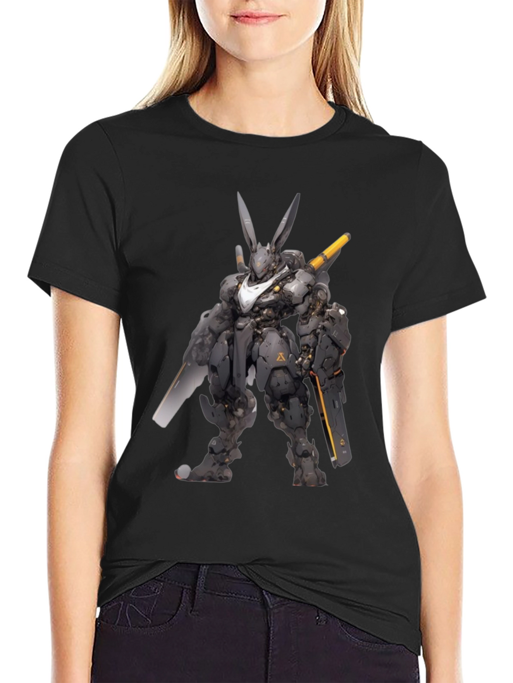 Robot Rabbit Graphic Print Black T-Shirt