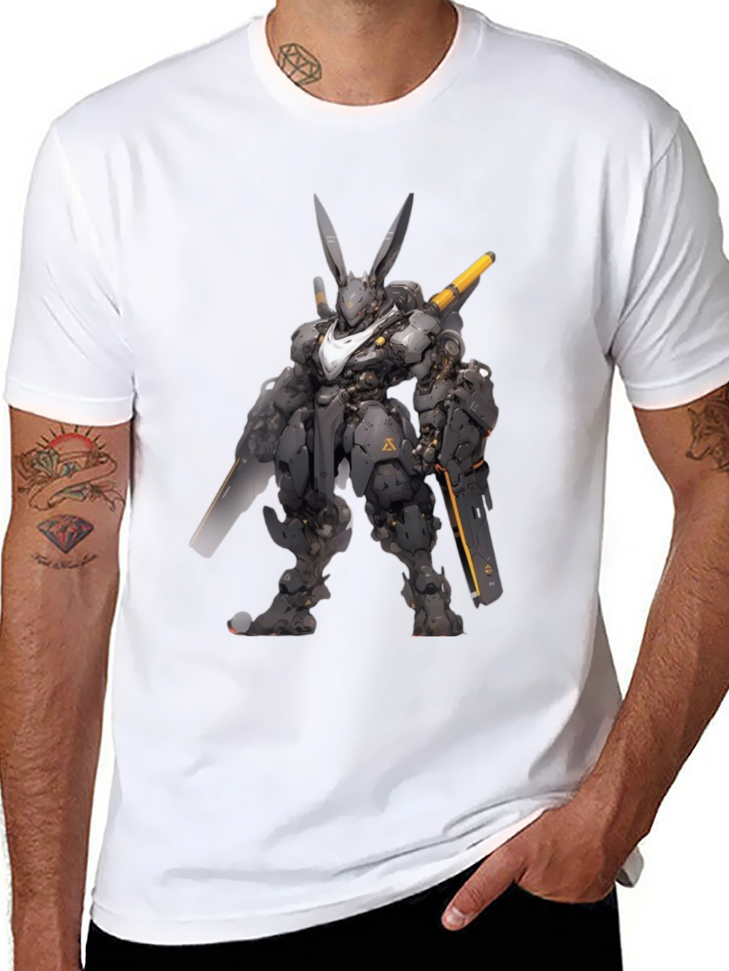 Robot Rabbit Graphic Print Black T-Shirt