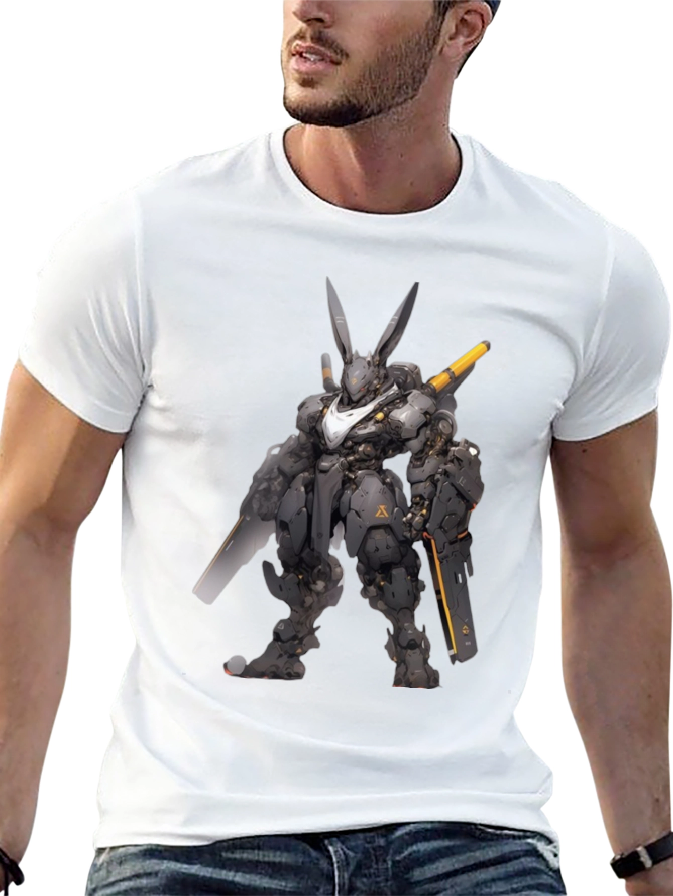 Robot Rabbit Graphic Print Black T-Shirt