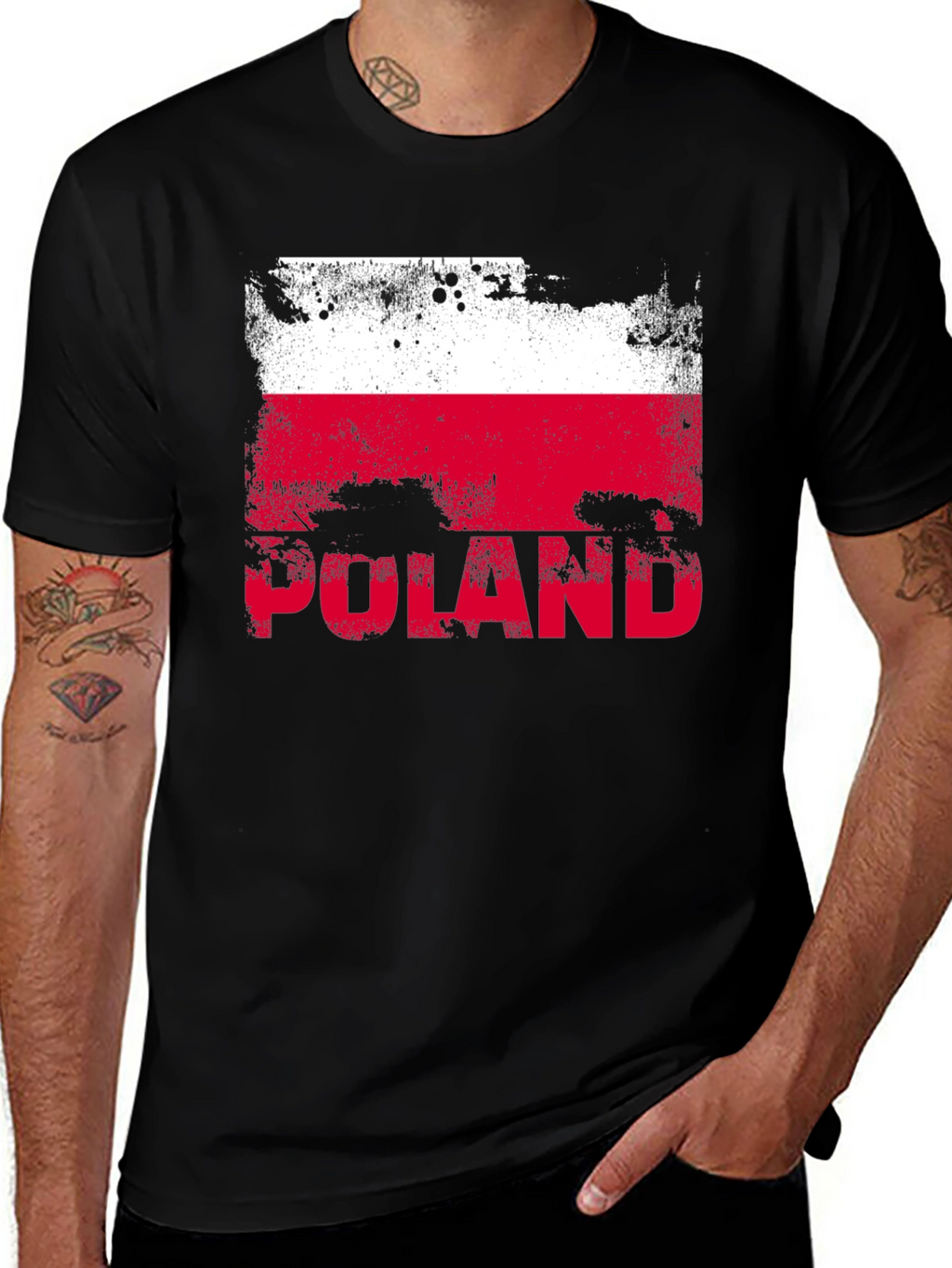 Poland Flag Distressed Graphic T-Shirt - Black
