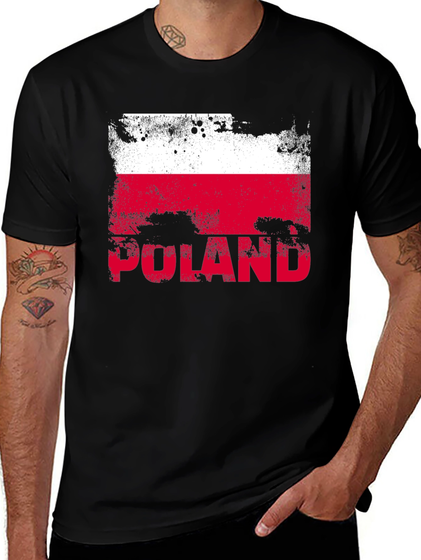 Poland Flag Distressed Graphic T-Shirt - Black