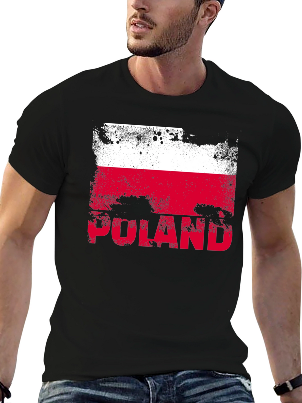 Poland Flag Distressed Graphic T-Shirt - Black