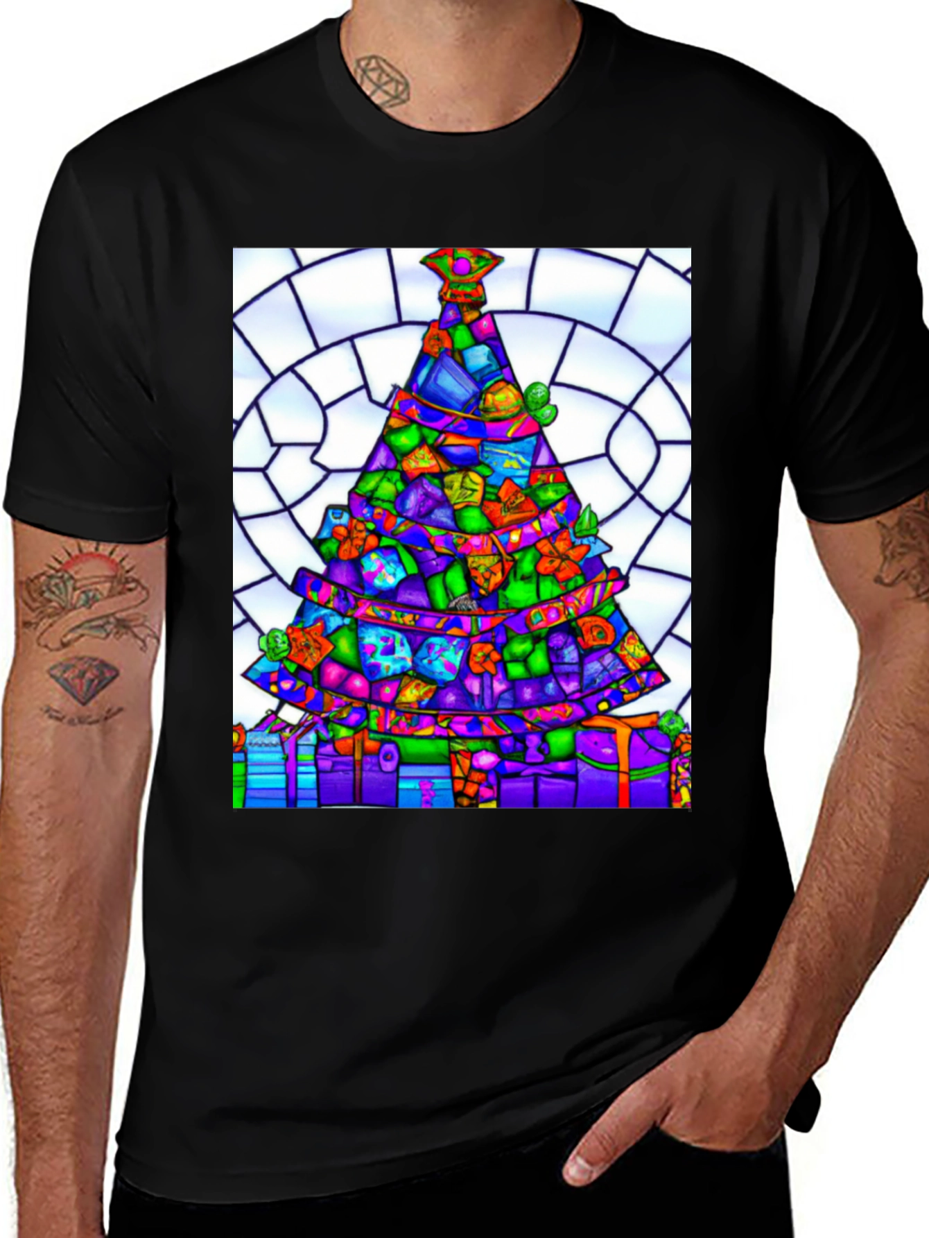 Stained Glass Christmas Tree Graphic Tee
