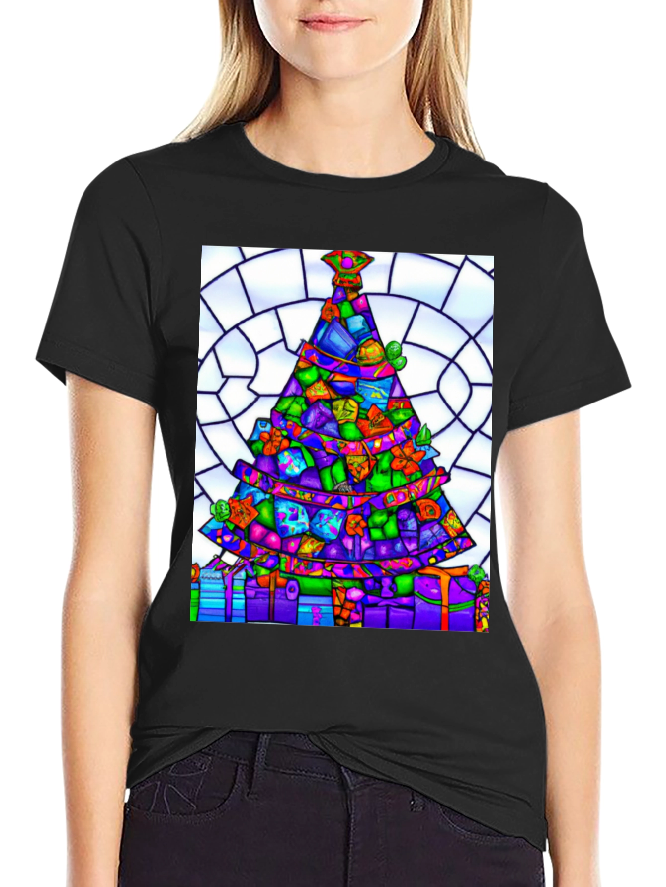 Stained Glass Christmas Tree Graphic Tee
