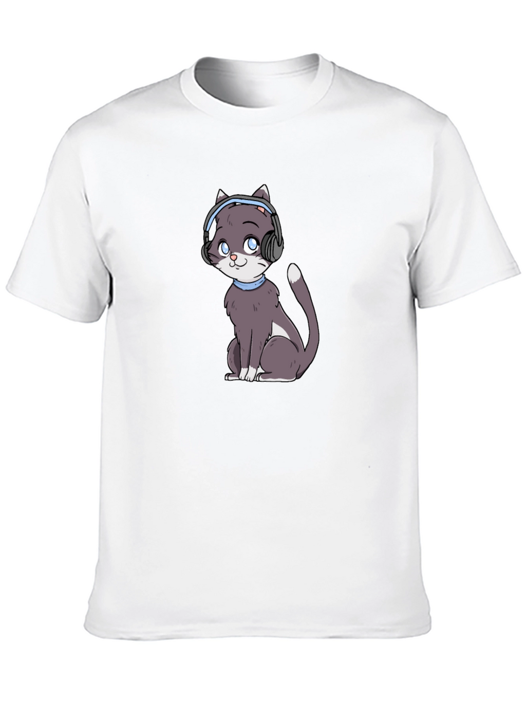 Cat with Headphones Black T-Shirt