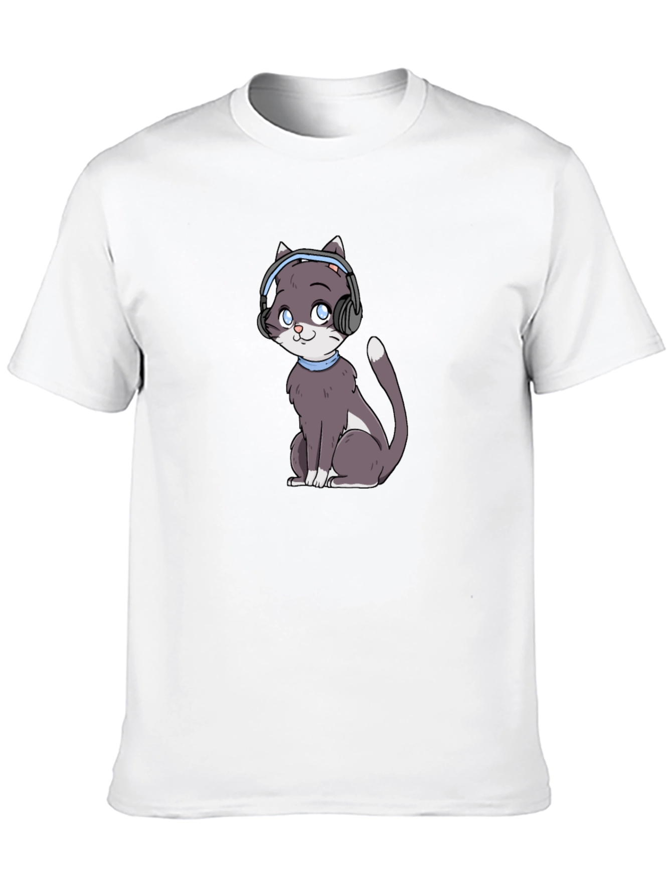Cat with Headphones Black T-Shirt